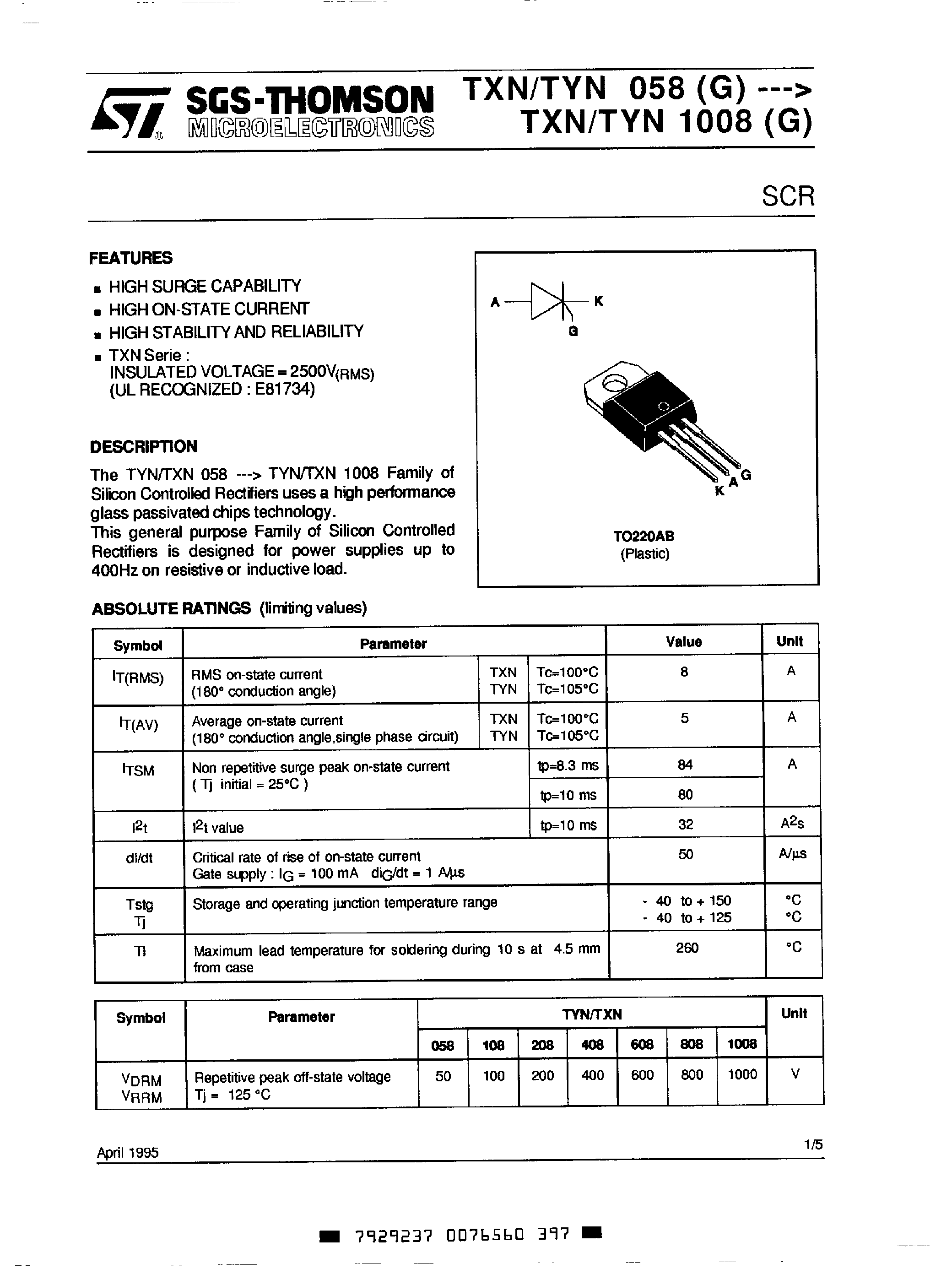 Datasheet TYN058 - Silicon controlled rectifiers page 1