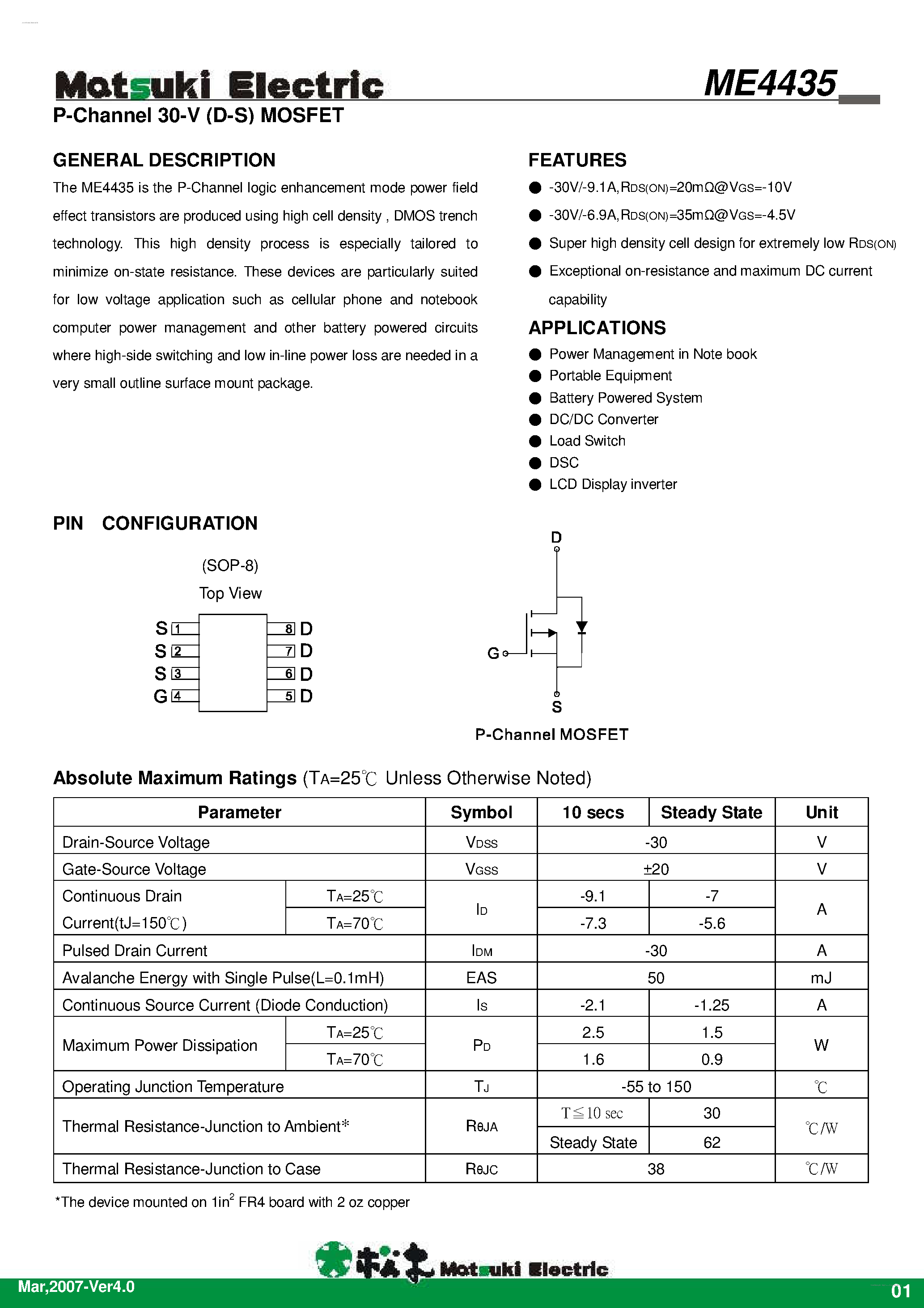 Datasheet ME4435 page 1 Datasheet ME4435 - P-Channel 30-V (D-S) MOSFET page 1