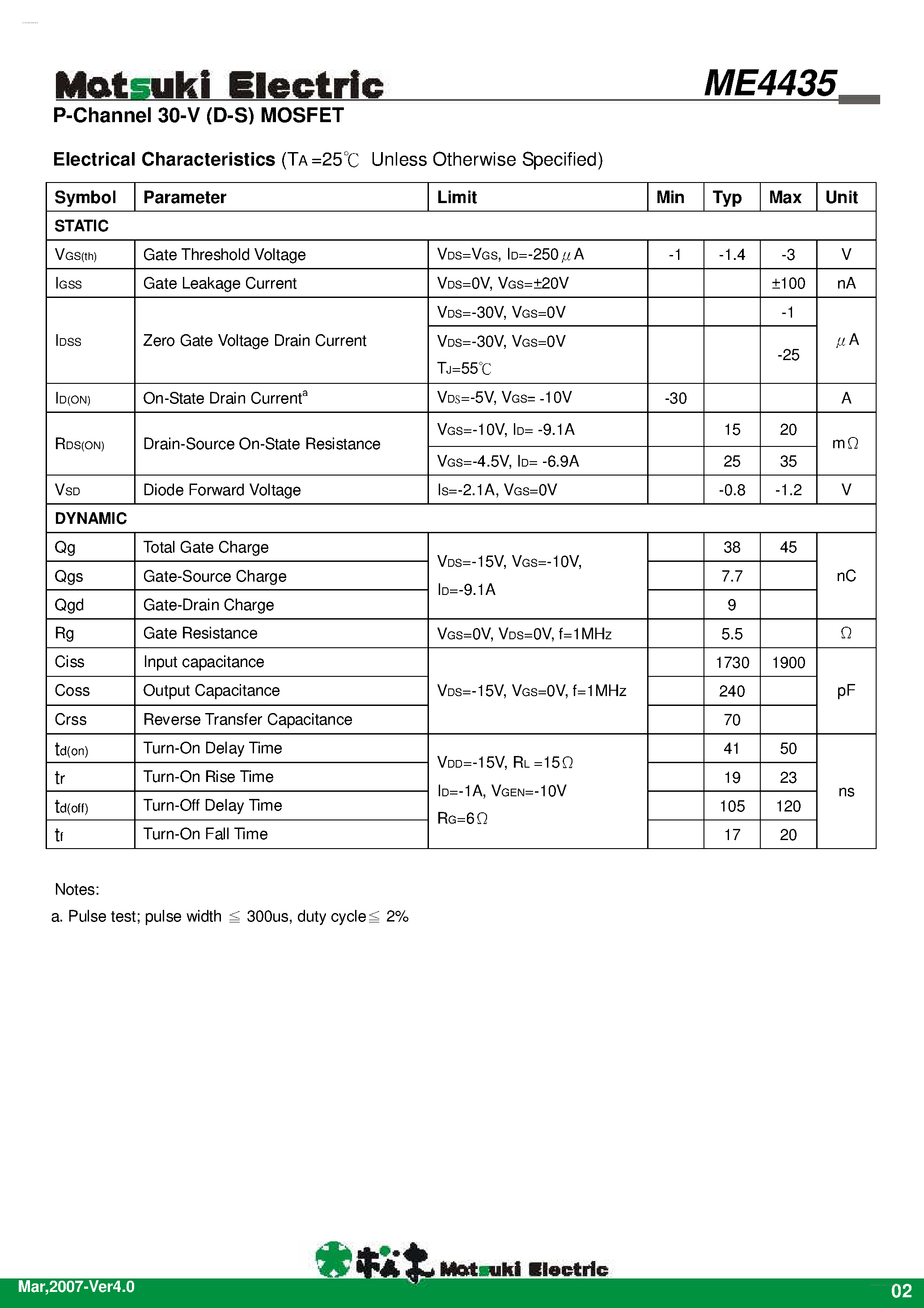 Datasheet ME4435 page 2 Datasheet ME4435 - P-Channel 30-V (D-S) MOSFET page 2