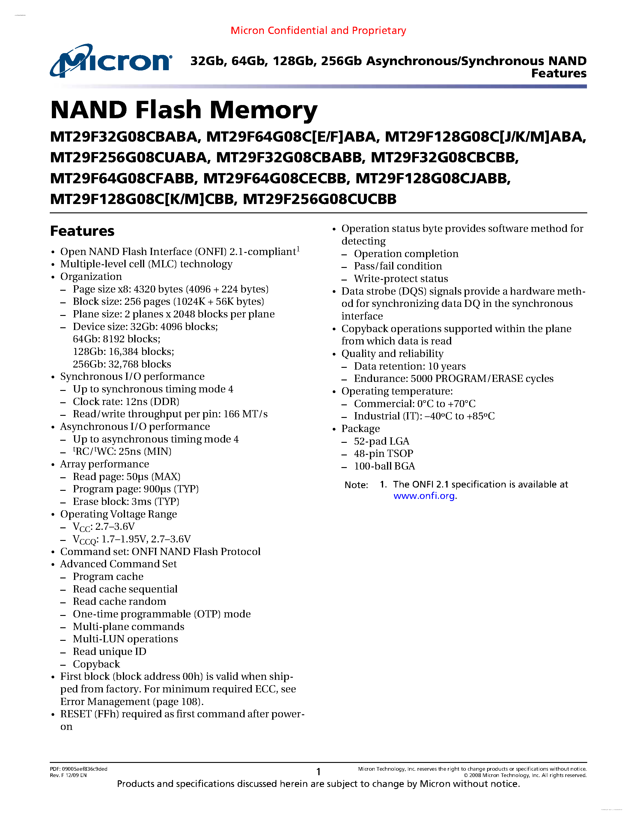 Datasheet 29F32G08C - NAND Flash Memory page 1