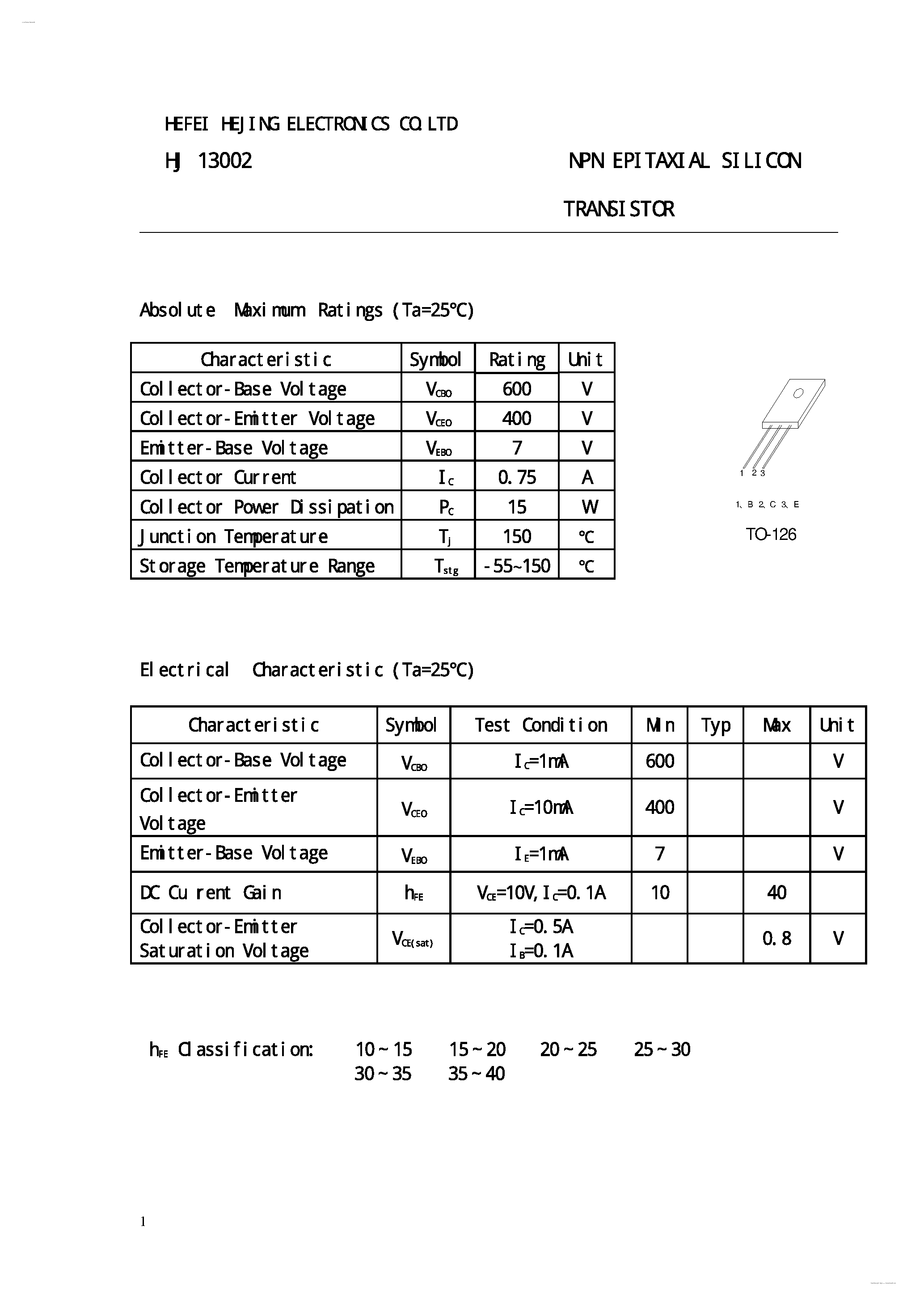 Datasheet HJ13002 - NPN Epitaxial Silicon Transistor page 1