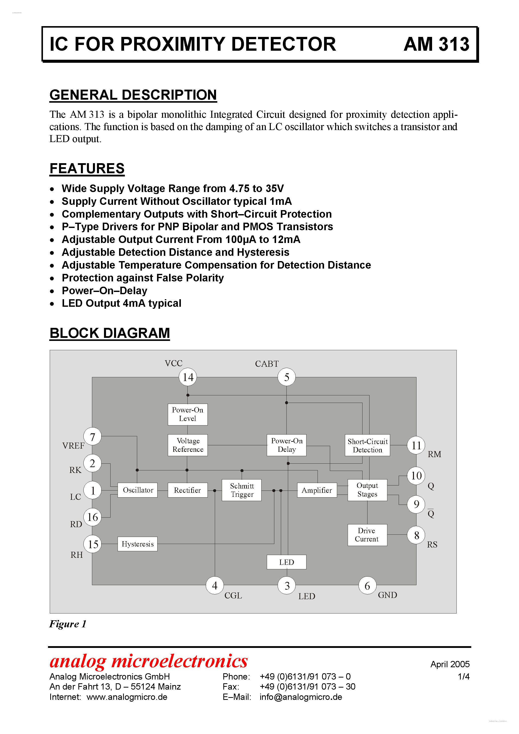 Datasheet AM313 - IC FOR PROXIMITY DETECTOR page 1