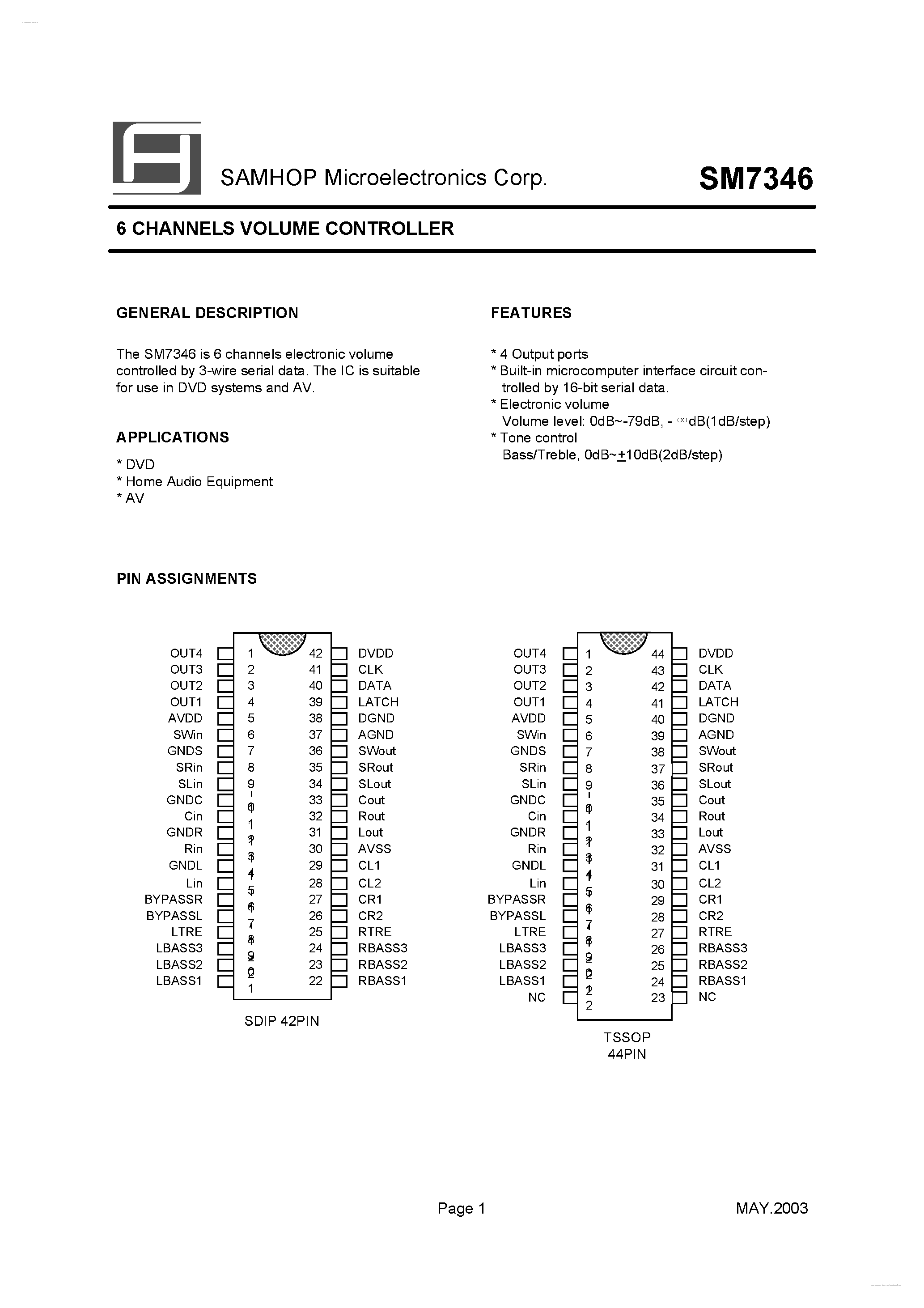 Datasheet SM7346 - 6 CHANNELS VOLUME CONTROLLER page 1