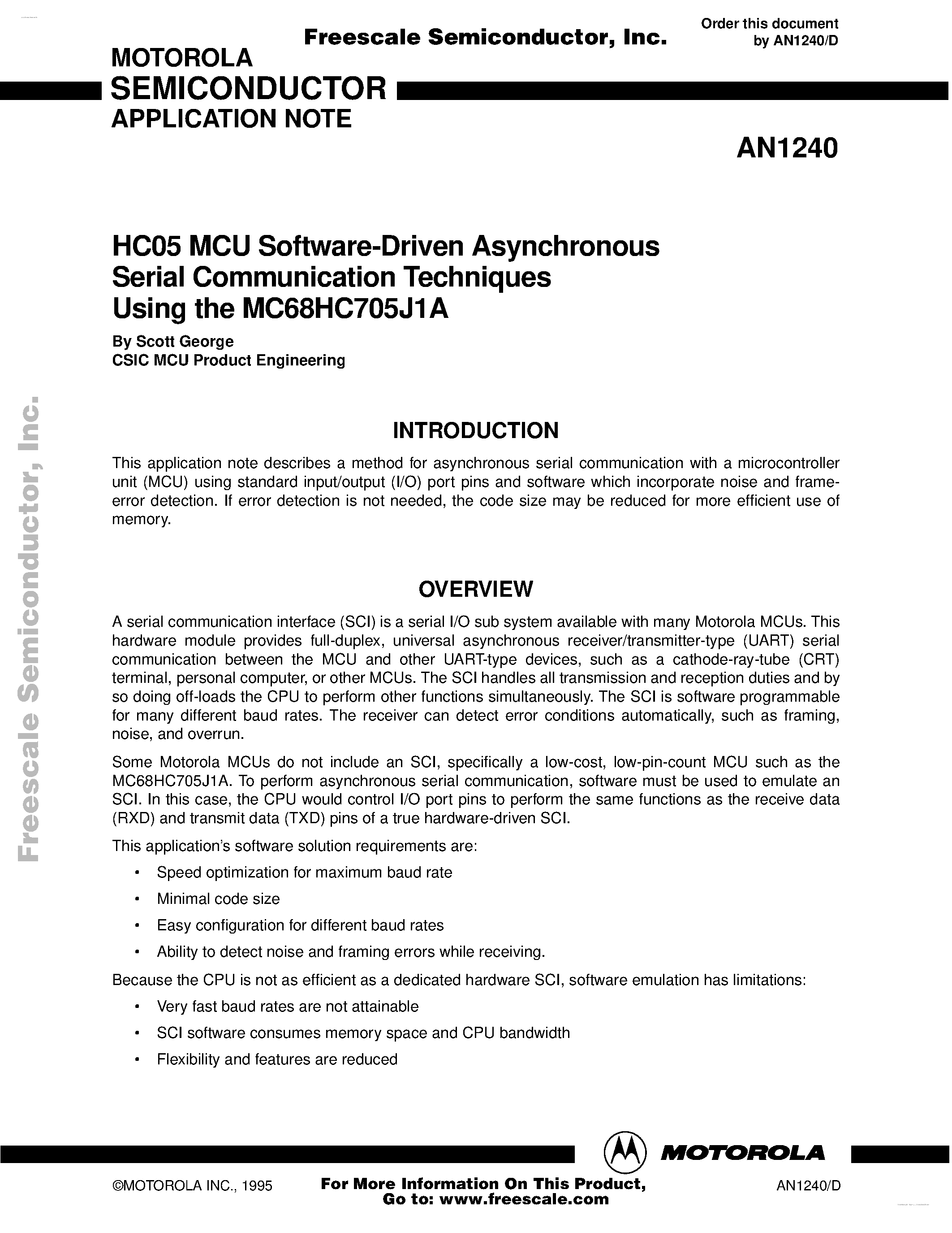 Datasheet AN1240 - HC05 MCU Software-Driven Asynchronous Serial Communication Techniques Using the MC68HC705J1A page 1