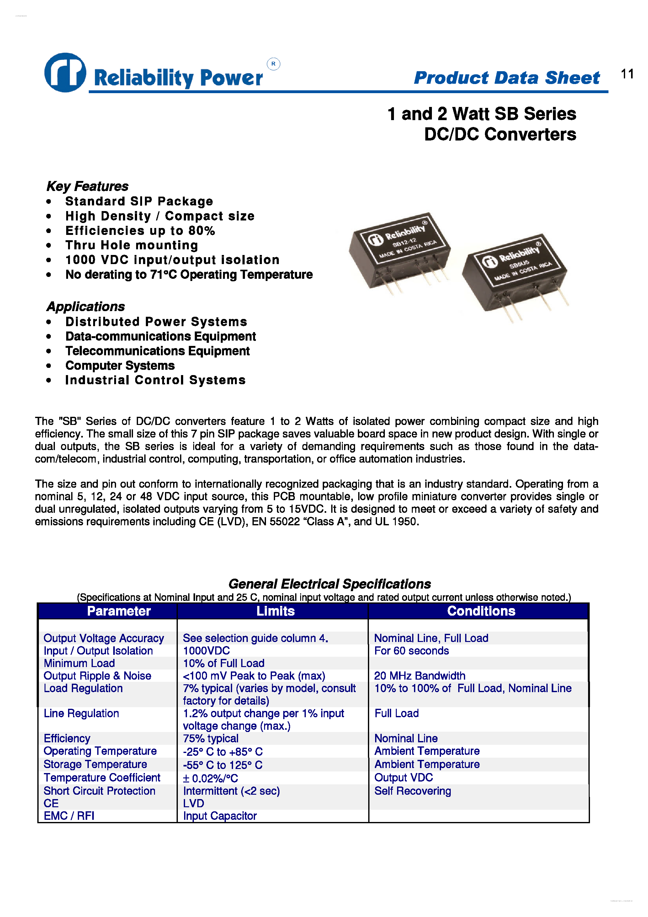 Даташит 2SB12U5 - 1 and 2 Watt SB Series DC/DC Converters страница 1