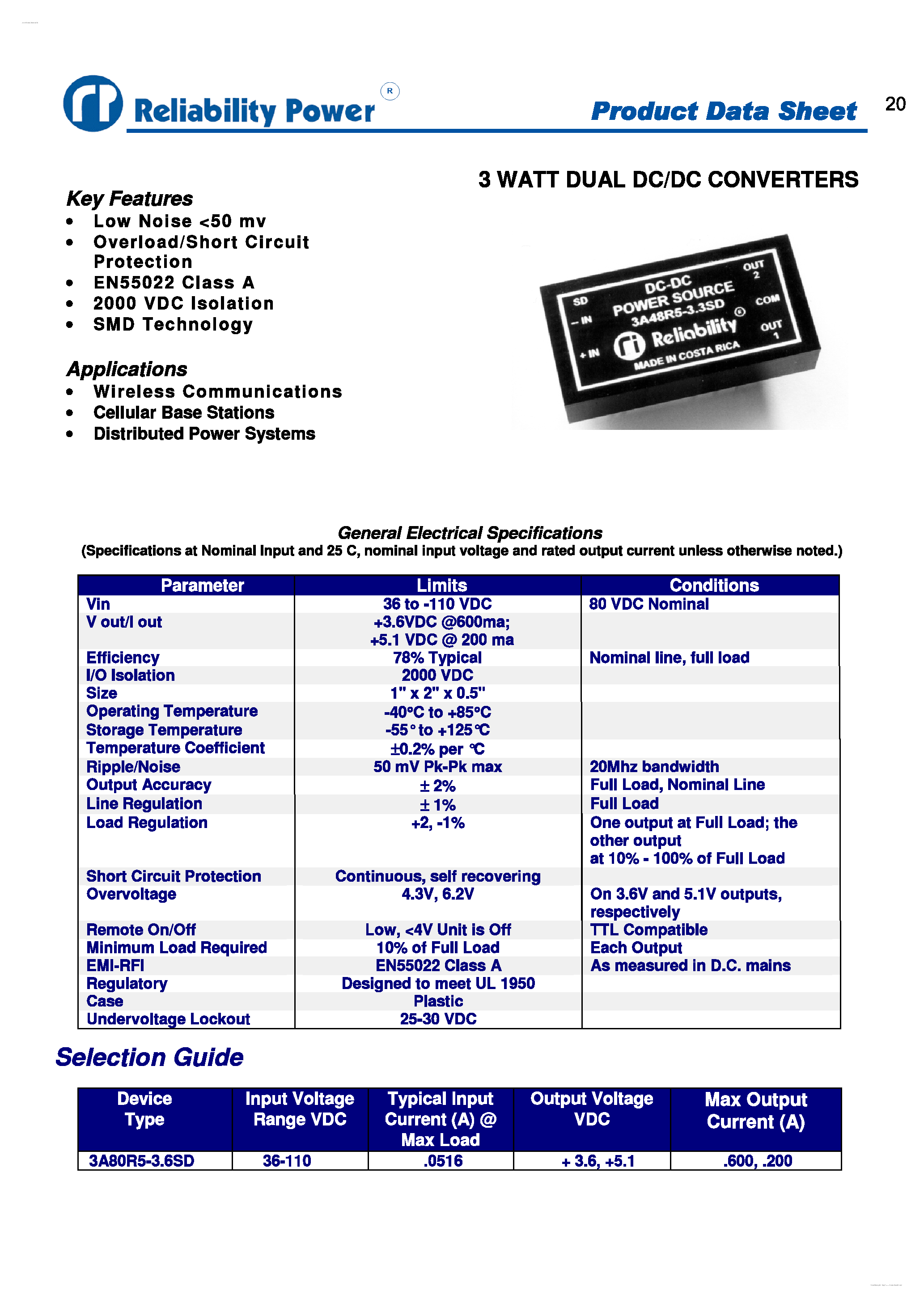 Datasheet 3A80R5-3.6SD - 3 WATT DUAL DC/DC CONVERTERS page 1
