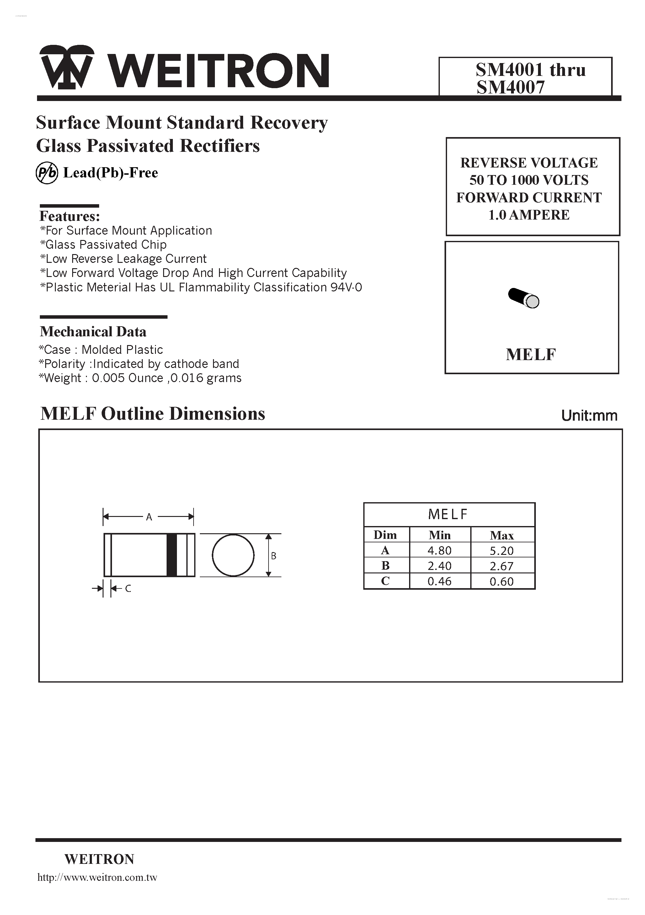 Datasheet SM4001 - (SM4001 - SM4007) Surface Mount Standard Recovery Glass Passivated Rectifiers page 1