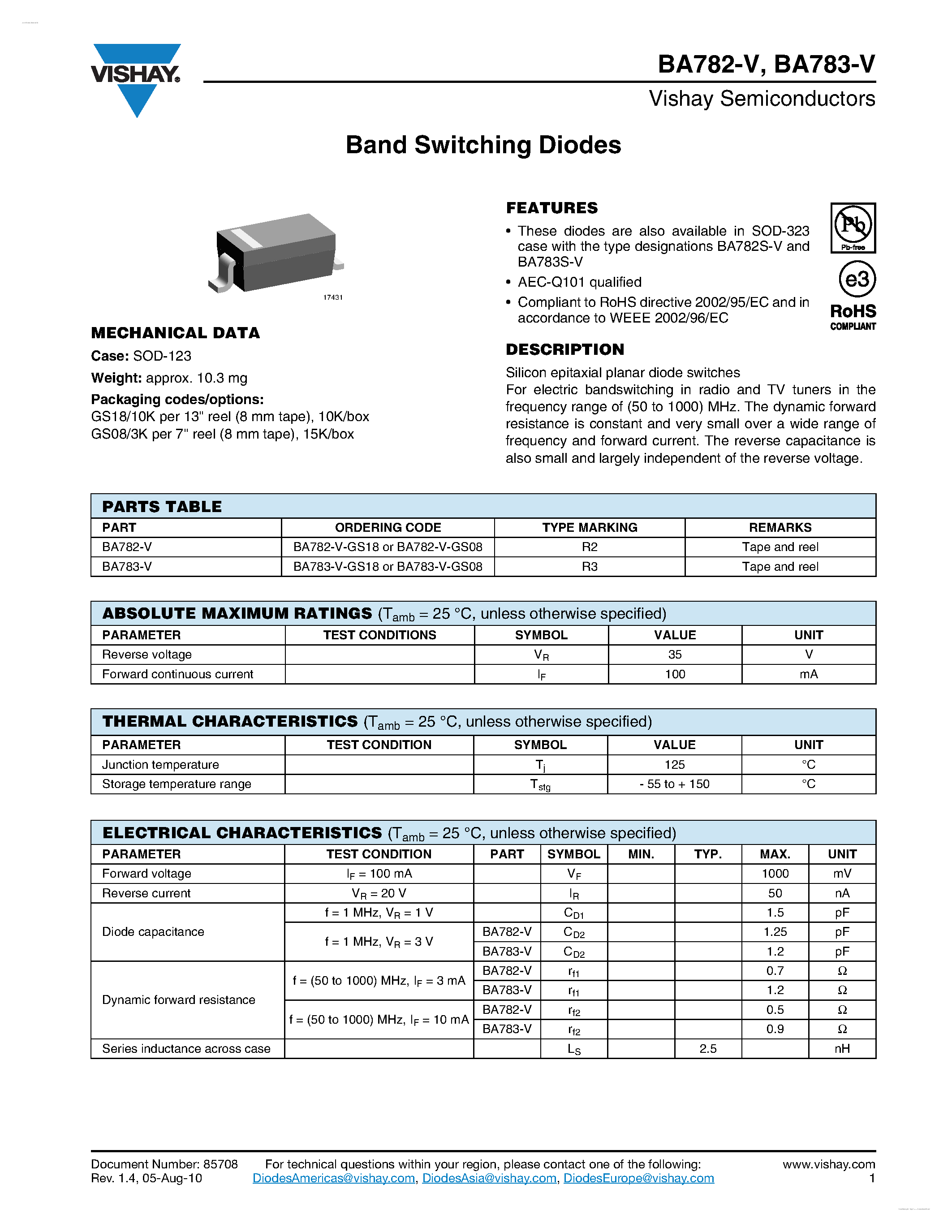 Datasheet BA782-V - (BA782-V / BA783-V) Band Switching Diodes page 1