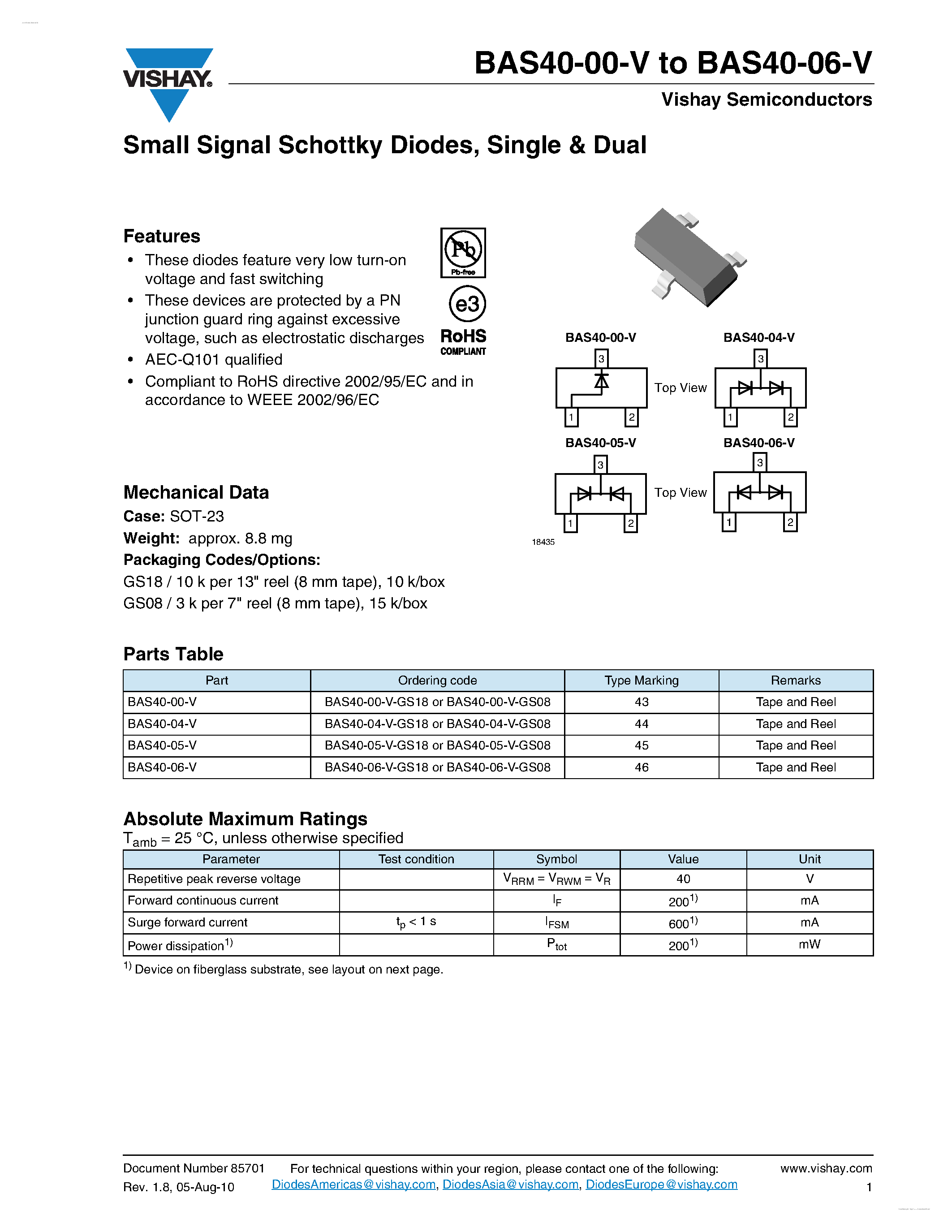 Datasheet BAS40-00-V - (BAS40-00-V - BAS40-06-V) Small Signal Schottky Diodes page 1