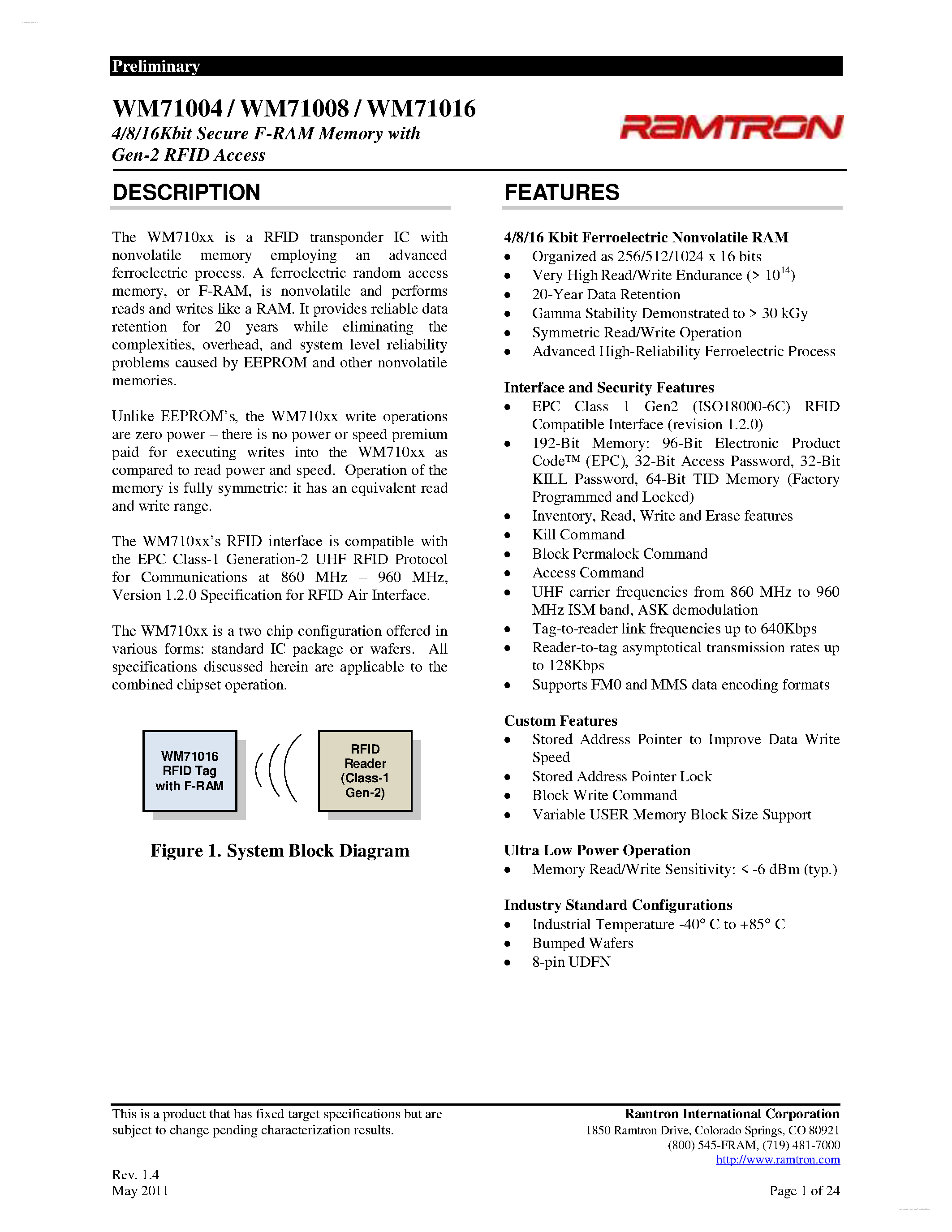 Datasheet WM71004 - (WM71004 - WM71016) 4/8/16Kbit Secure F-RAM Memory page 1