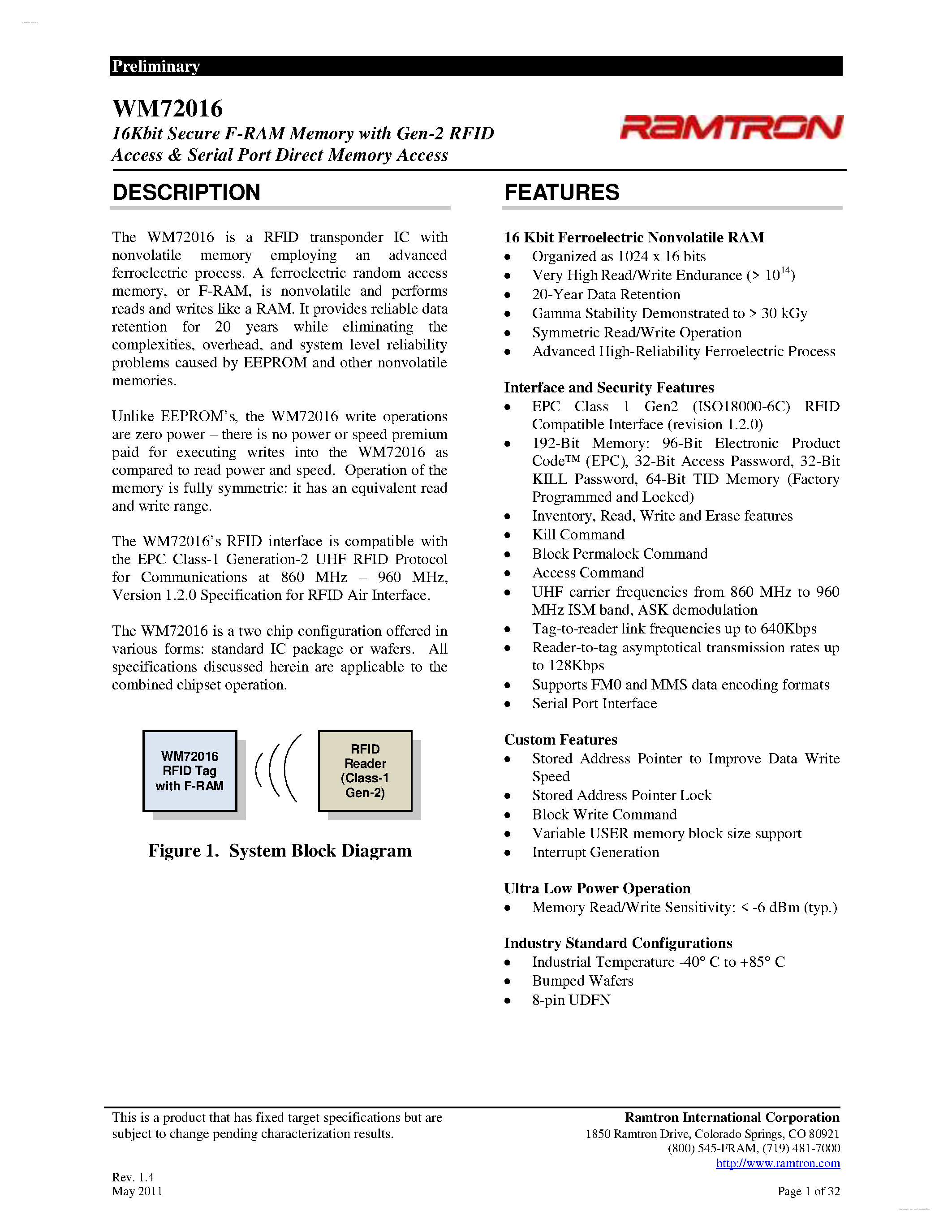 Datasheet WM72016 - 16Kbit Secure F-RAM Memory page 1
