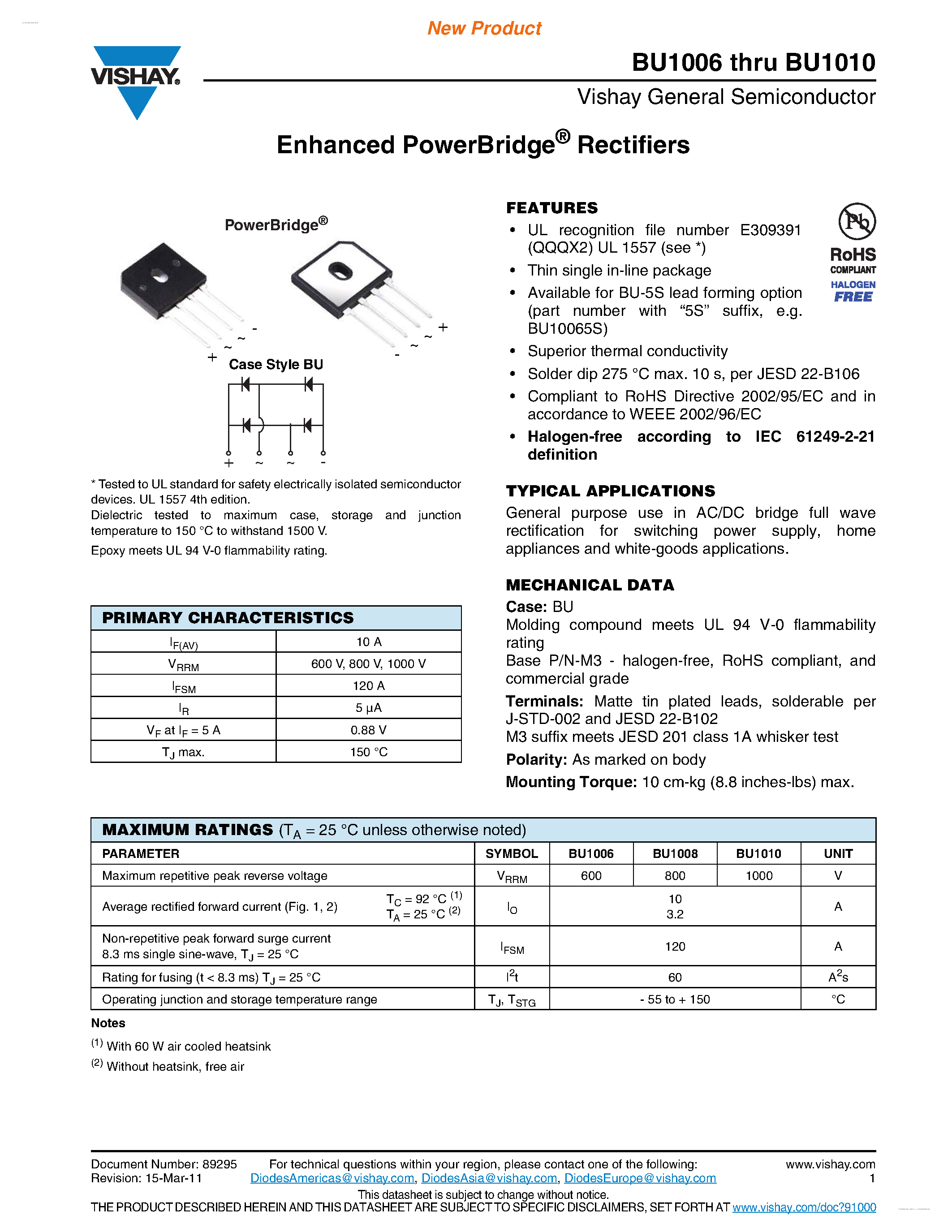 Даташит BU1006 - (BU1006 - BU1010) Enhanced PowerBridge Rectifiers страница 1