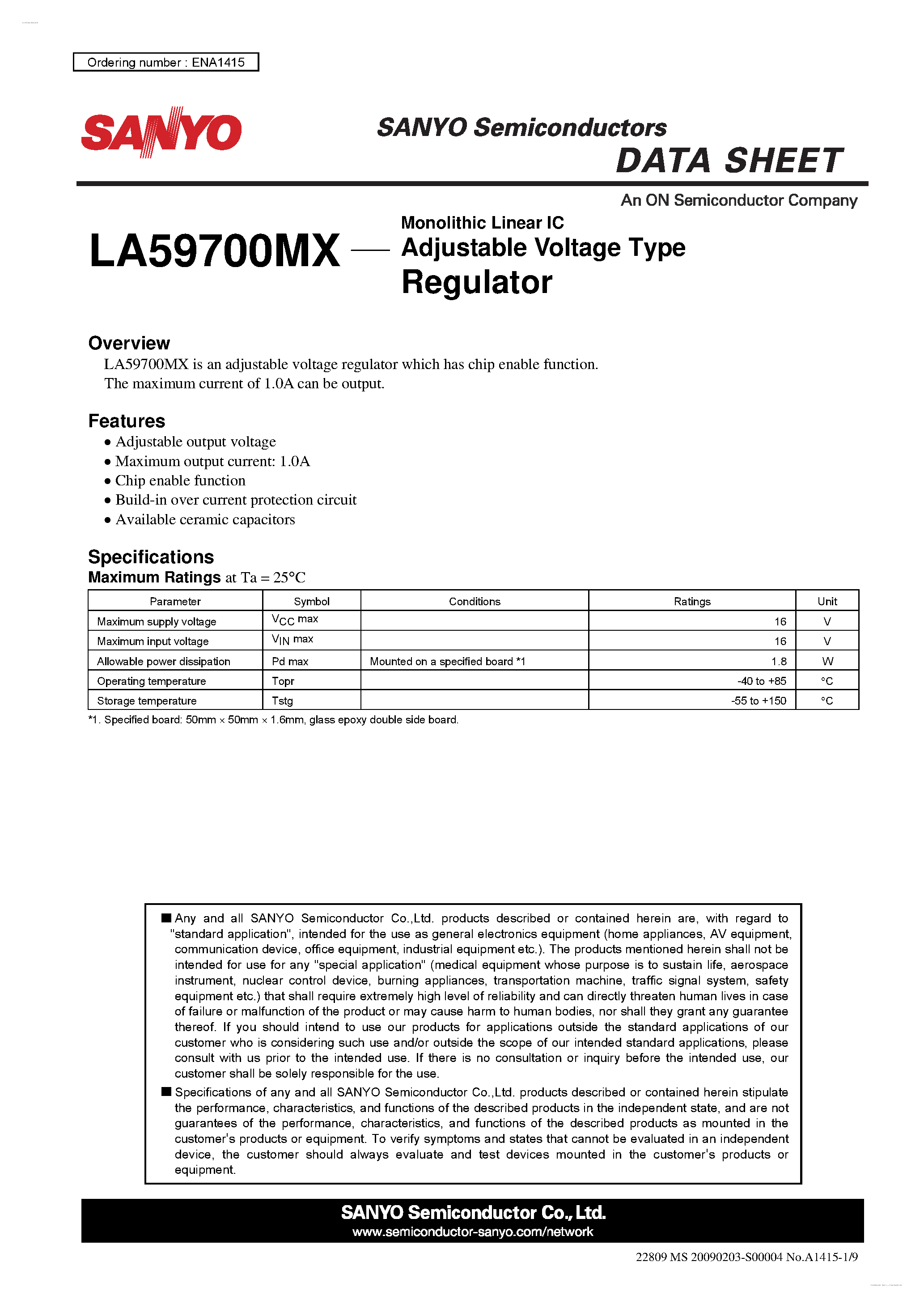 Datasheet LA59700MX - Adjustable Voltage Type Regulator page 1