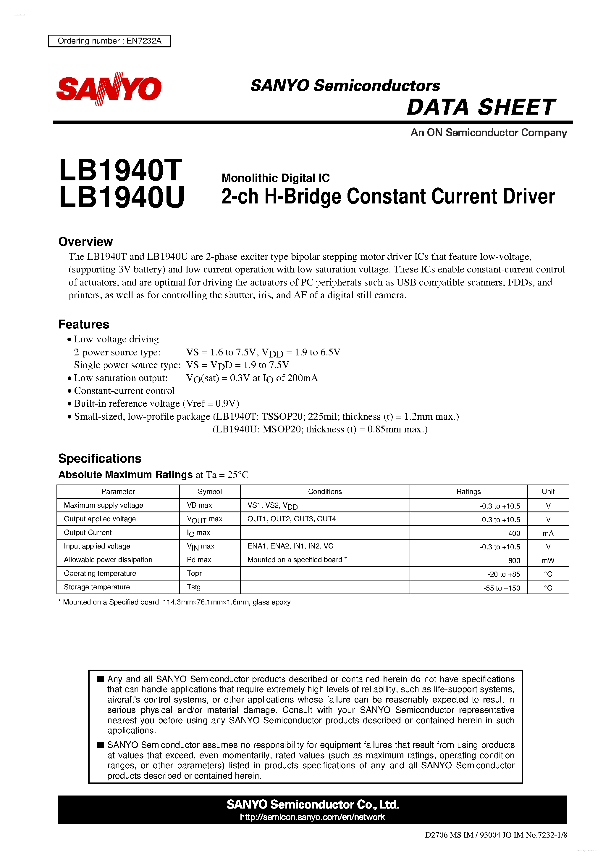 Даташит LB1940T - (LB1940T/U) 2-ch H-Bridge Constant Current Driver страница 1
