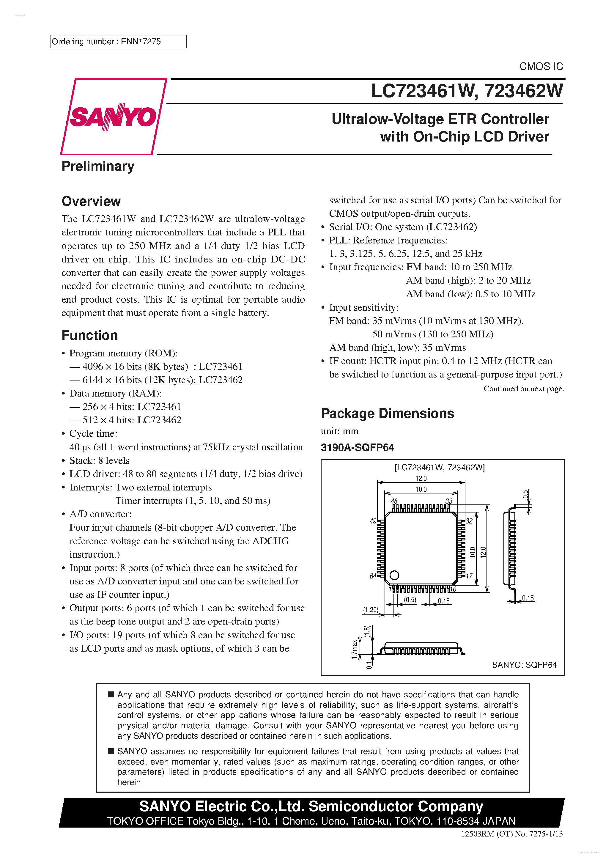 Datasheet LC723461W - (LC723461W / LC723462W) Ultralow-Voltage ETR Controller page 1