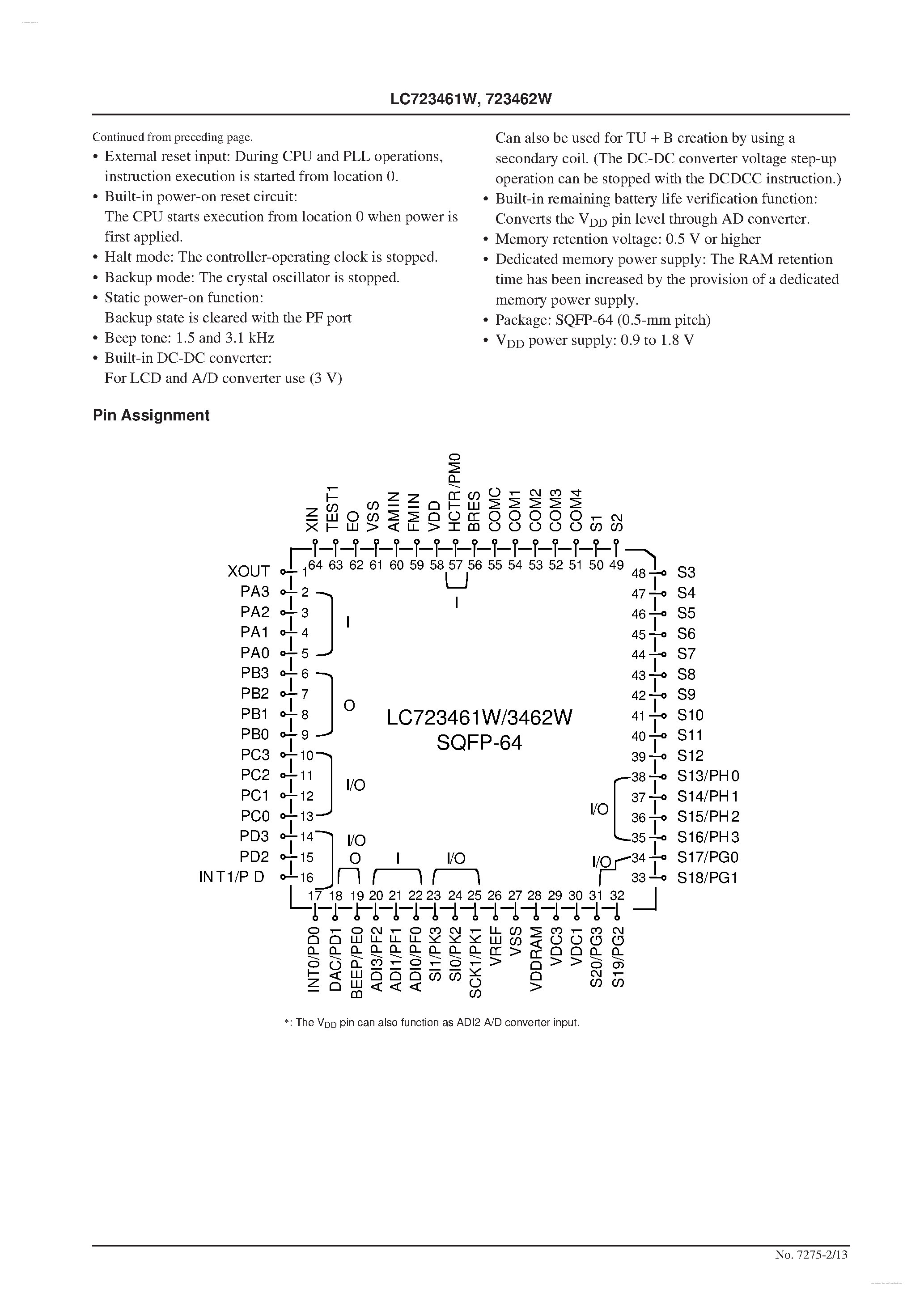 Datasheet LC723461W - (LC723461W / LC723462W) Ultralow-Voltage ETR Controller page 2