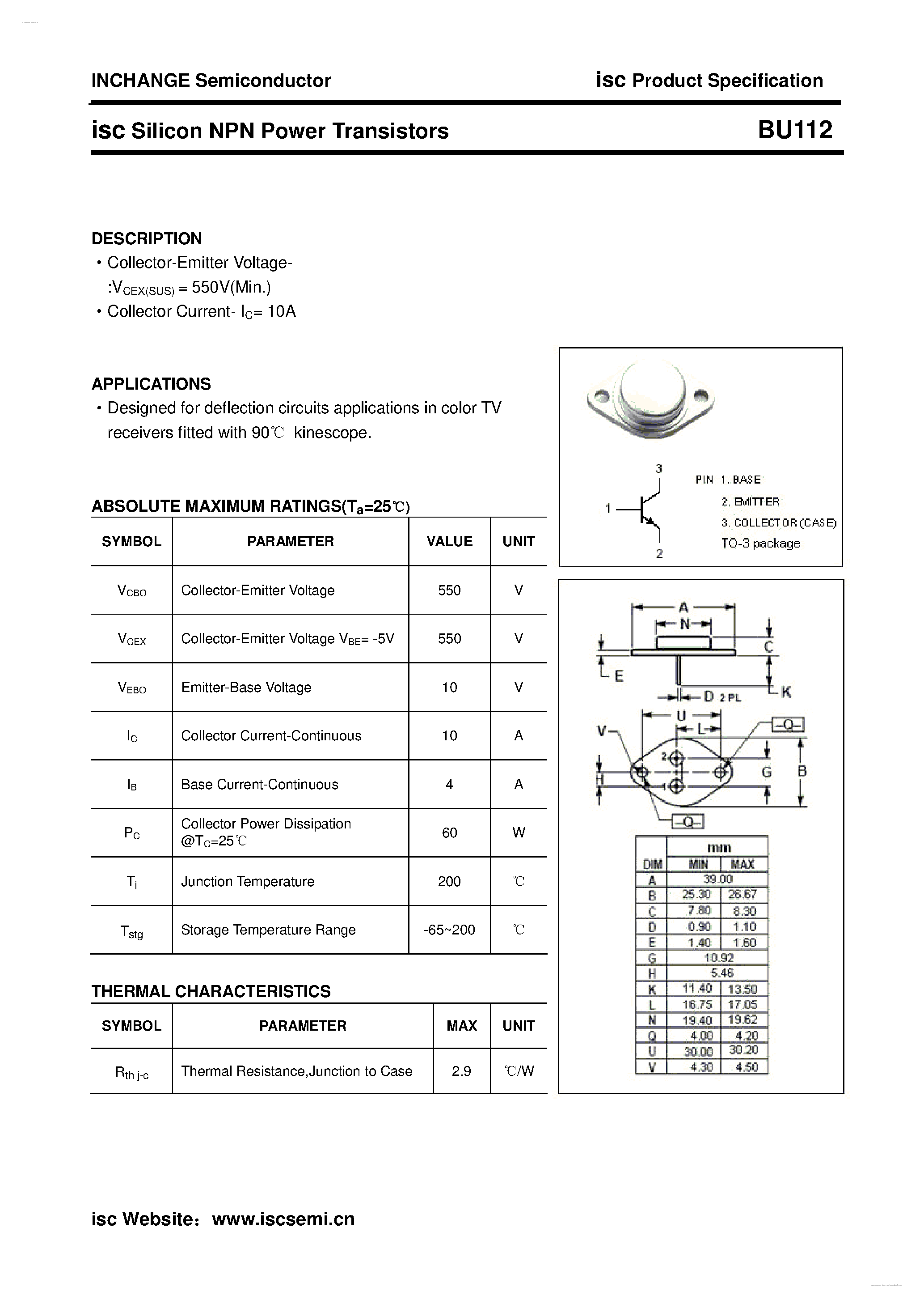 Даташит BU112 - Silicon NPN Power Transistor страница 1