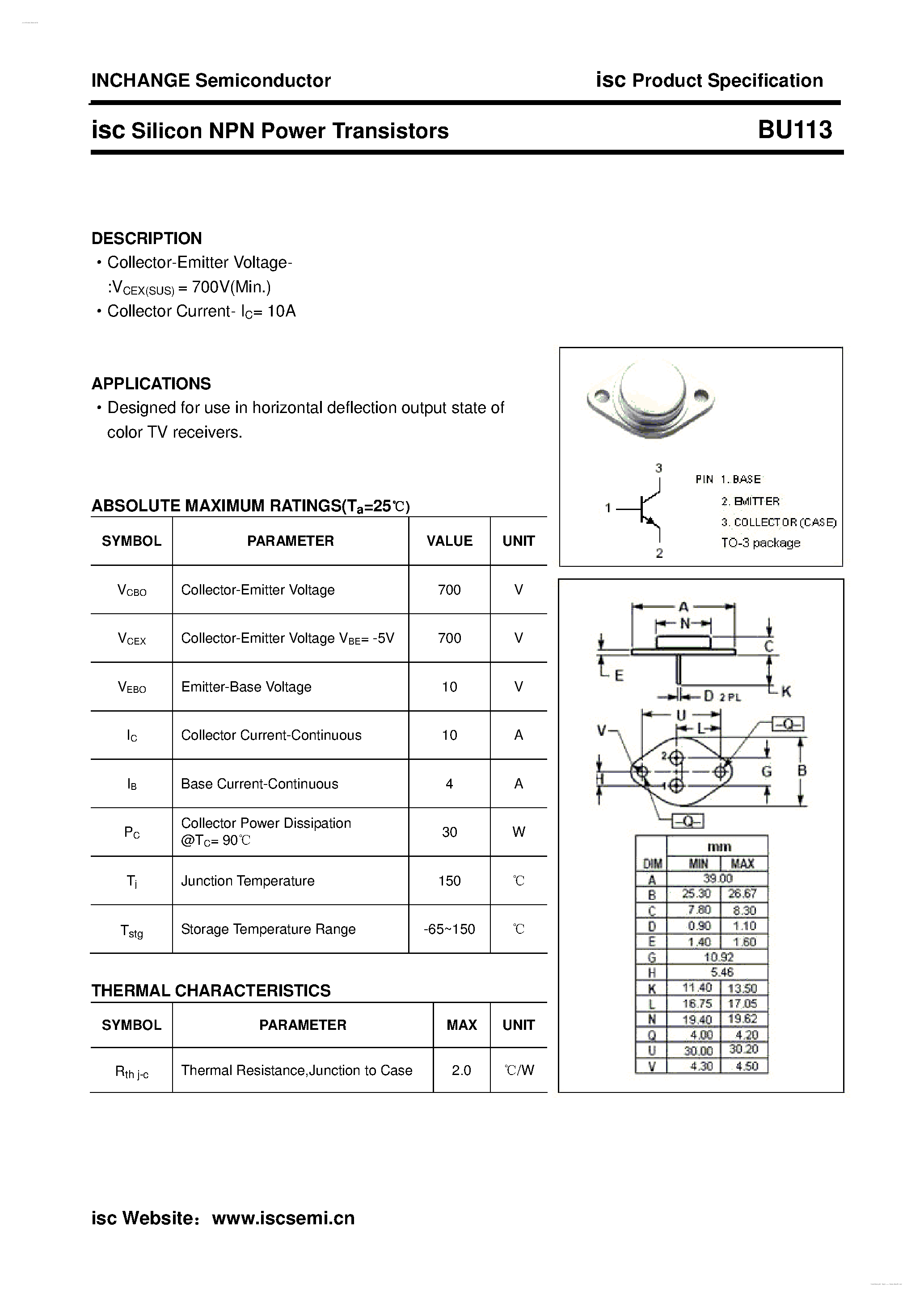 Даташит BU113 - Silicon NPN Power Transistor страница 1