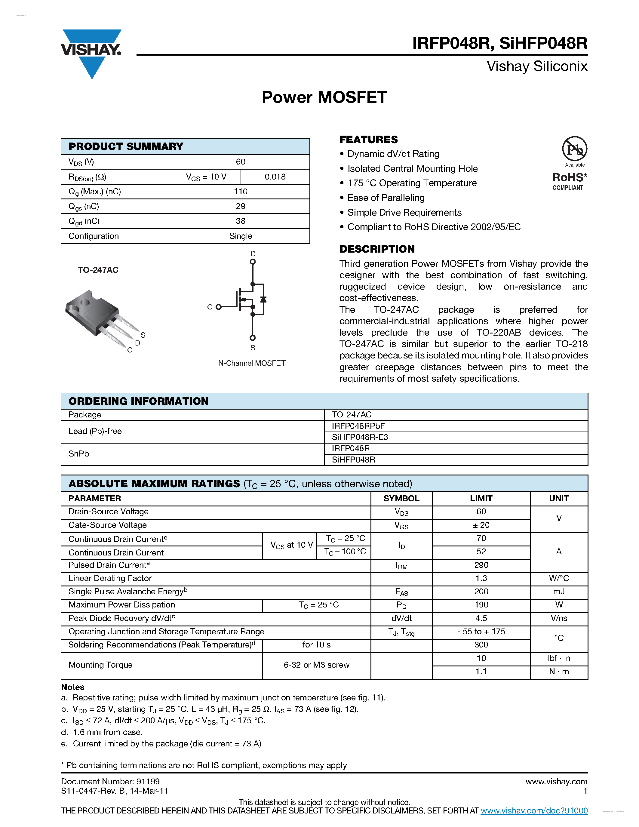 Datasheet IRFP048R - Power MOSFET page 1