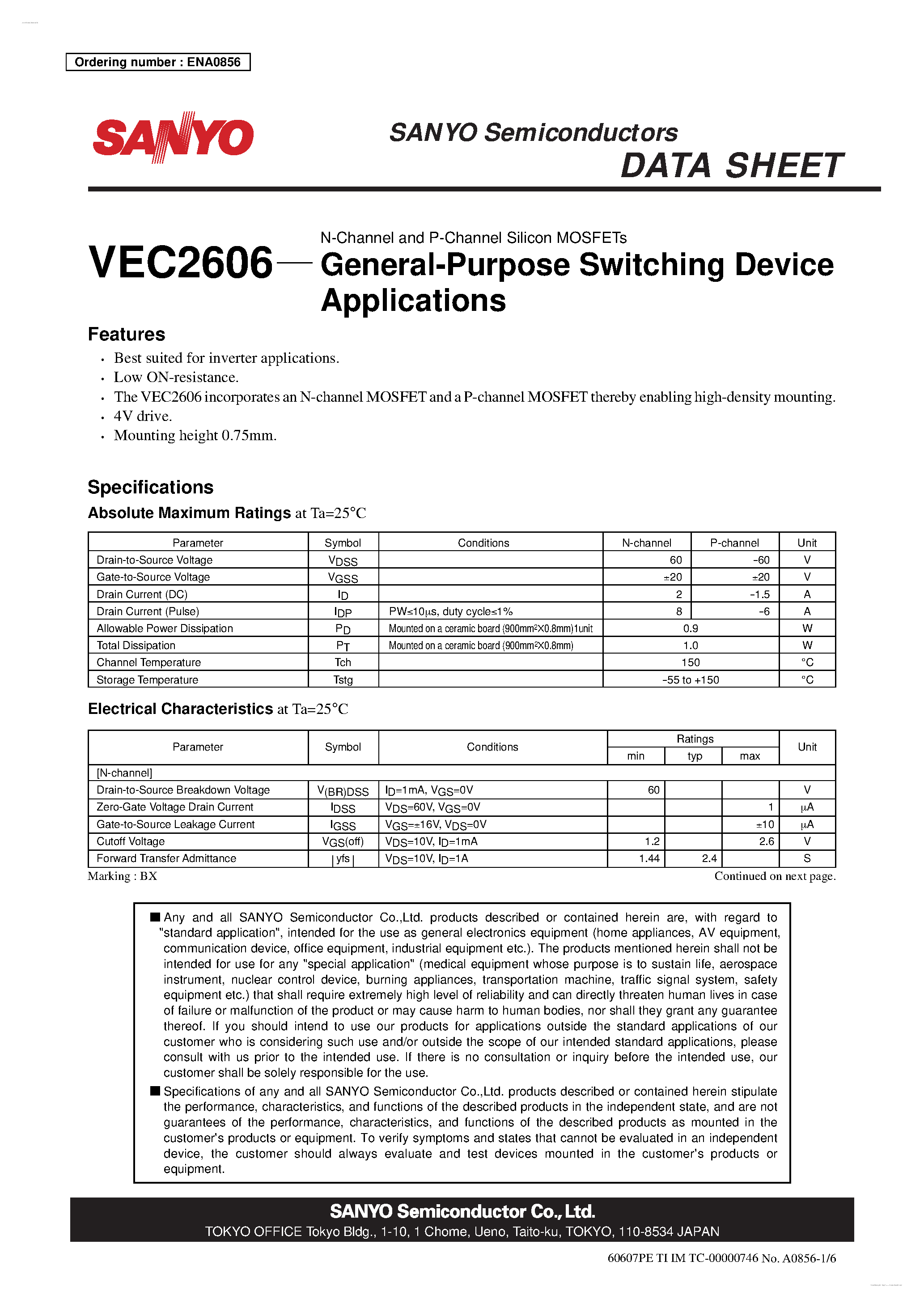 Datasheet VEC2606 - N-Channel and P-Channel Silicon MOSFETs page 1