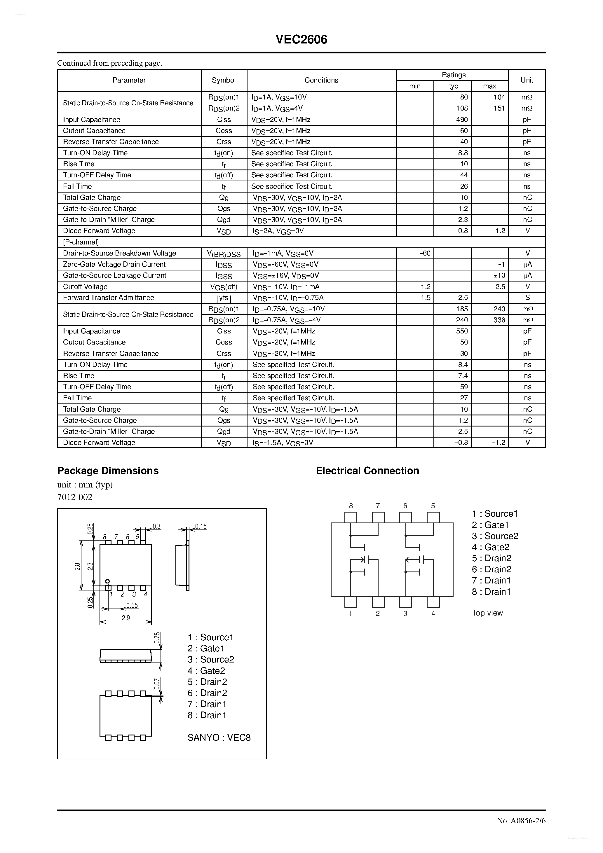 Datasheet VEC2606 - N-Channel and P-Channel Silicon MOSFETs page 2