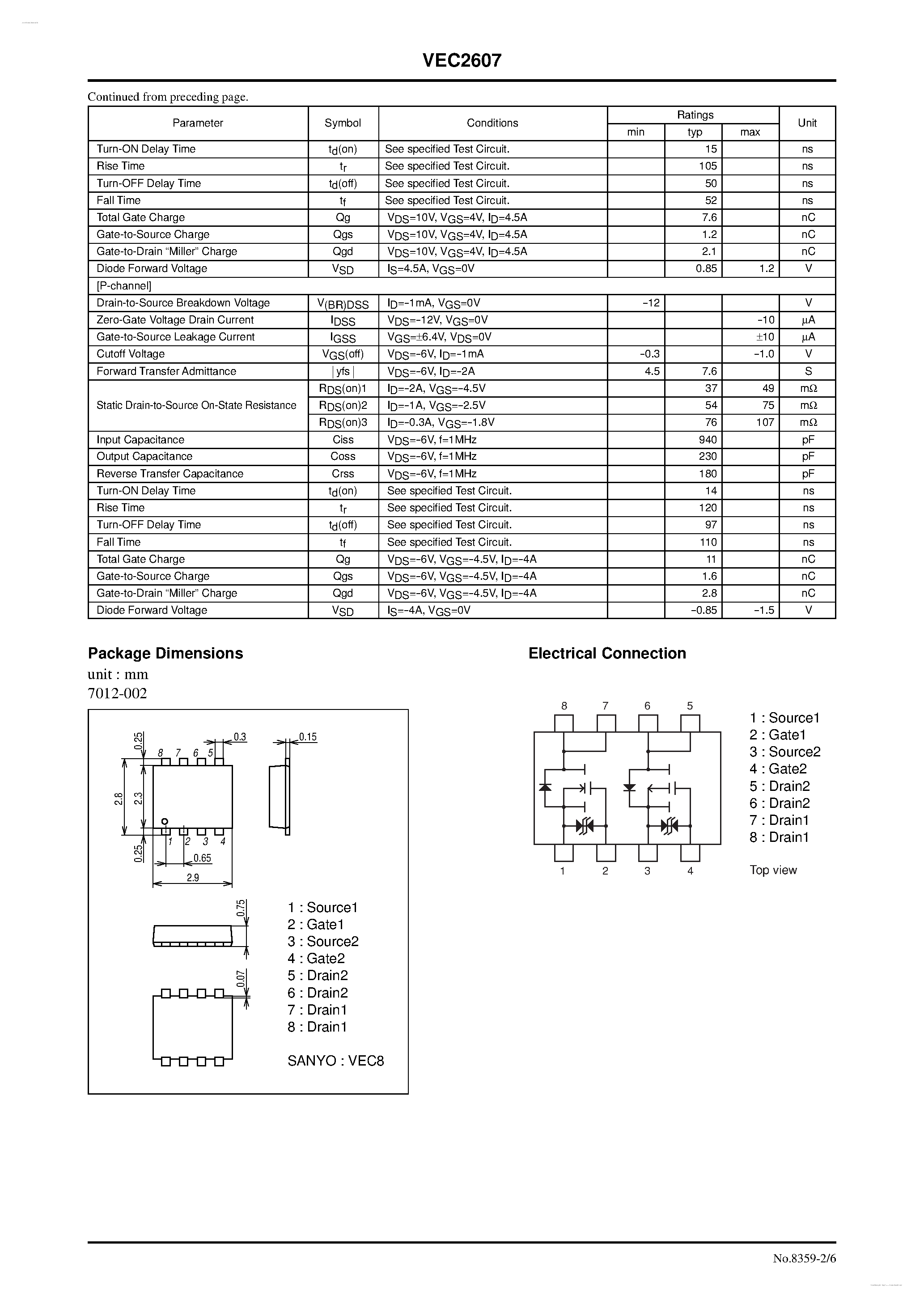 Datasheet VEC2607 - N-Channel and P-Channel Silicon MOSFETs page 2