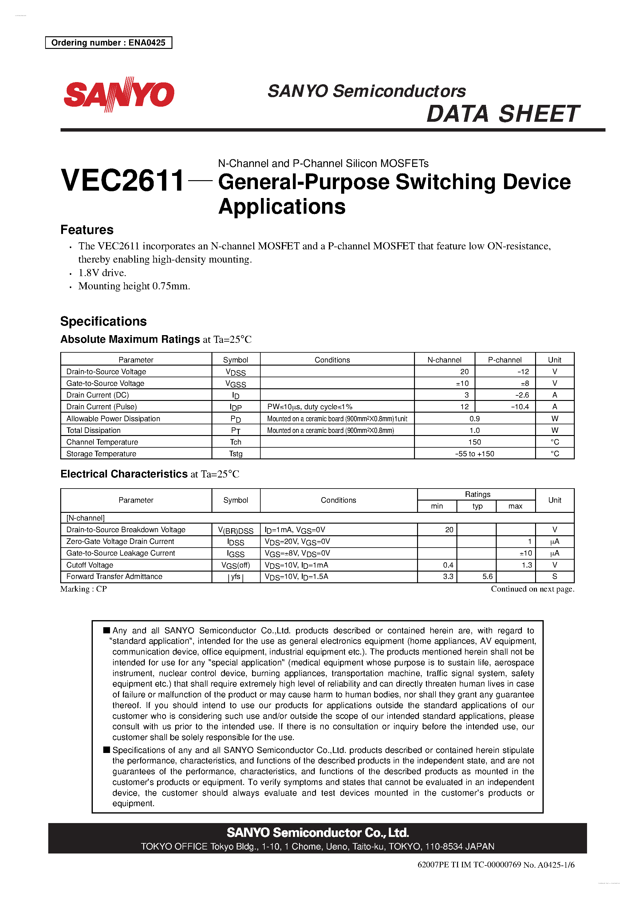 Datasheet VEC2611 - N-Channel and P-Channel Silicon MOSFETs page 1