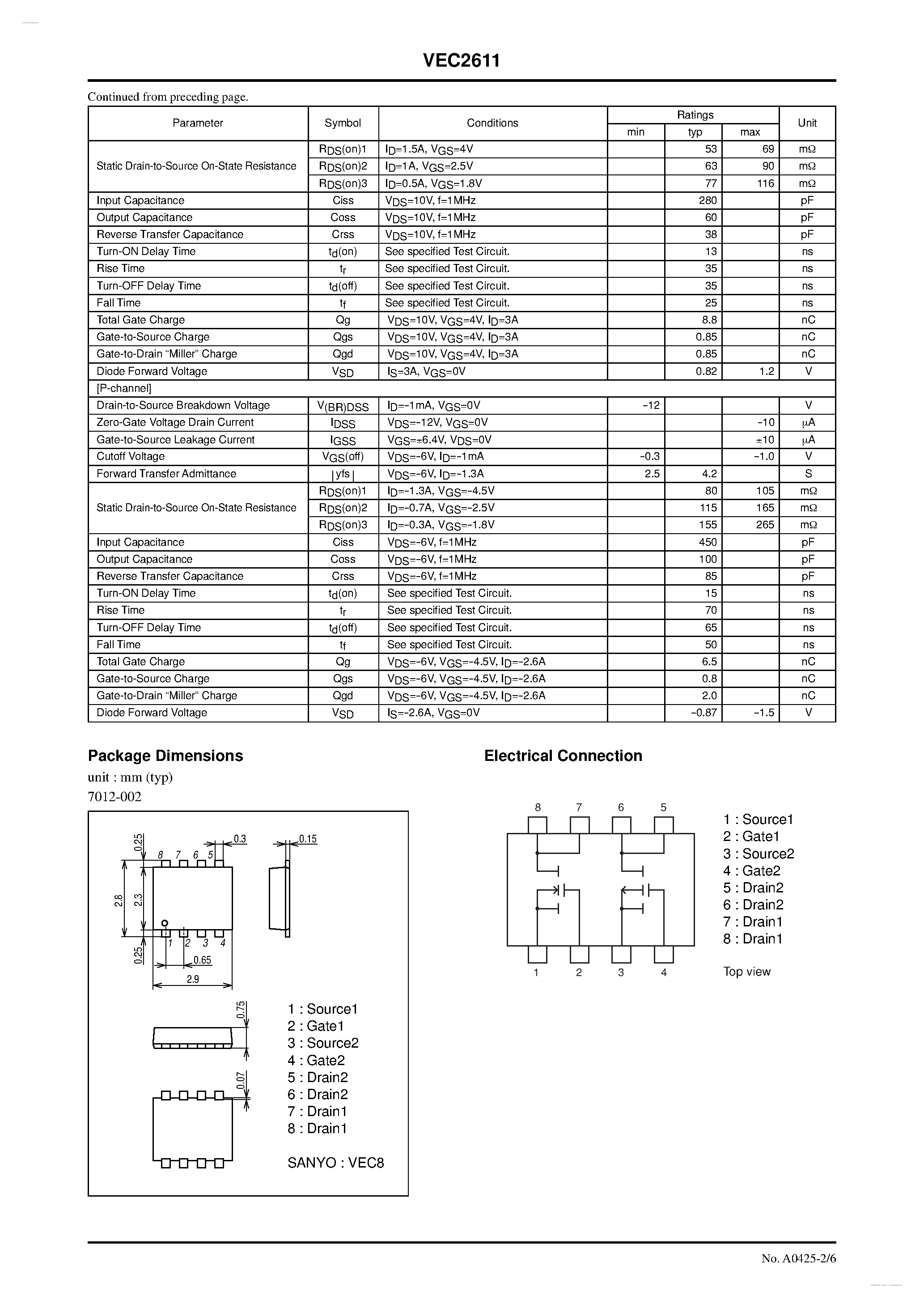 Datasheet VEC2611 - N-Channel and P-Channel Silicon MOSFETs page 2