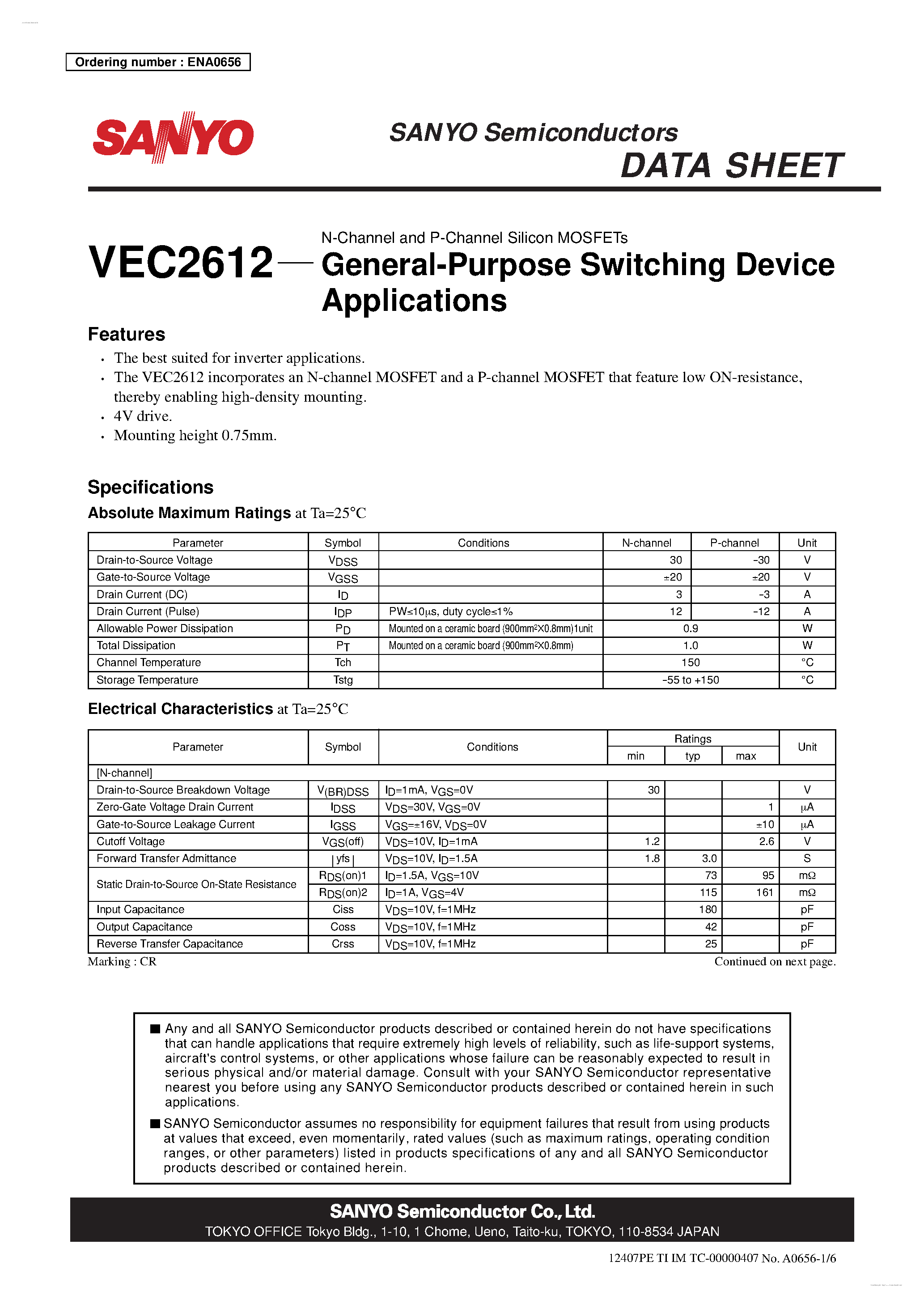 Datasheet VEC2612 - N-Channel and P-Channel Silicon MOSFETs page 1