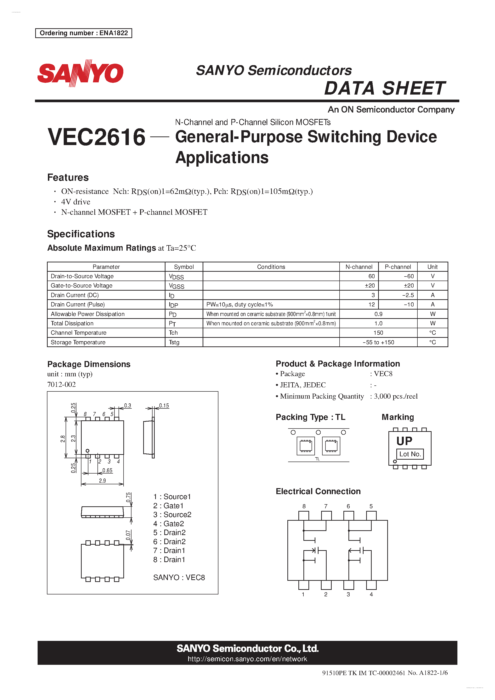 Datasheet VEC2616 - N-Channel and P-Channel Silicon MOSFETs page 1