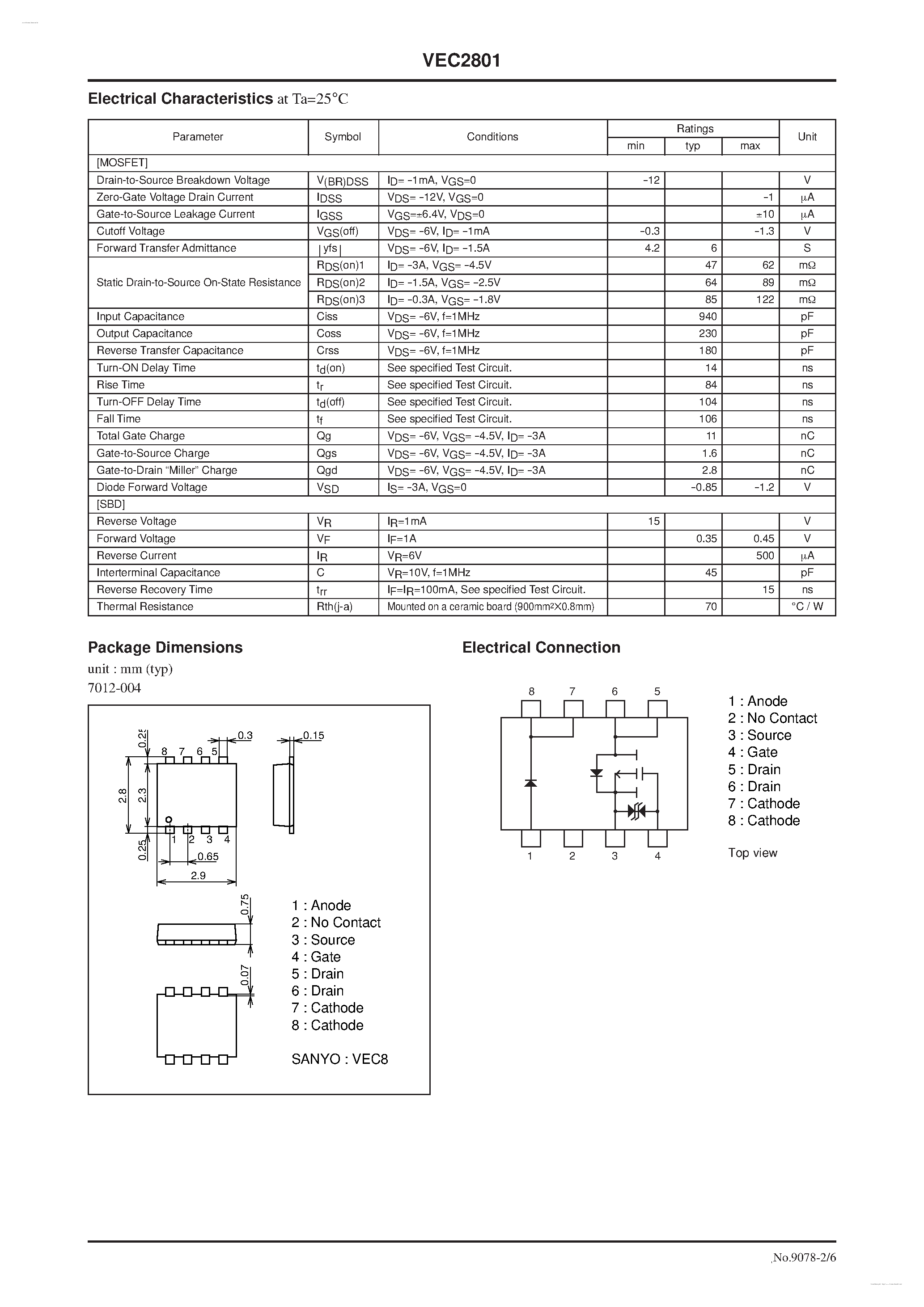Datasheet VEC2801 - P-Channel Silicon MOSFET / Schottky Barrier Diode page 2