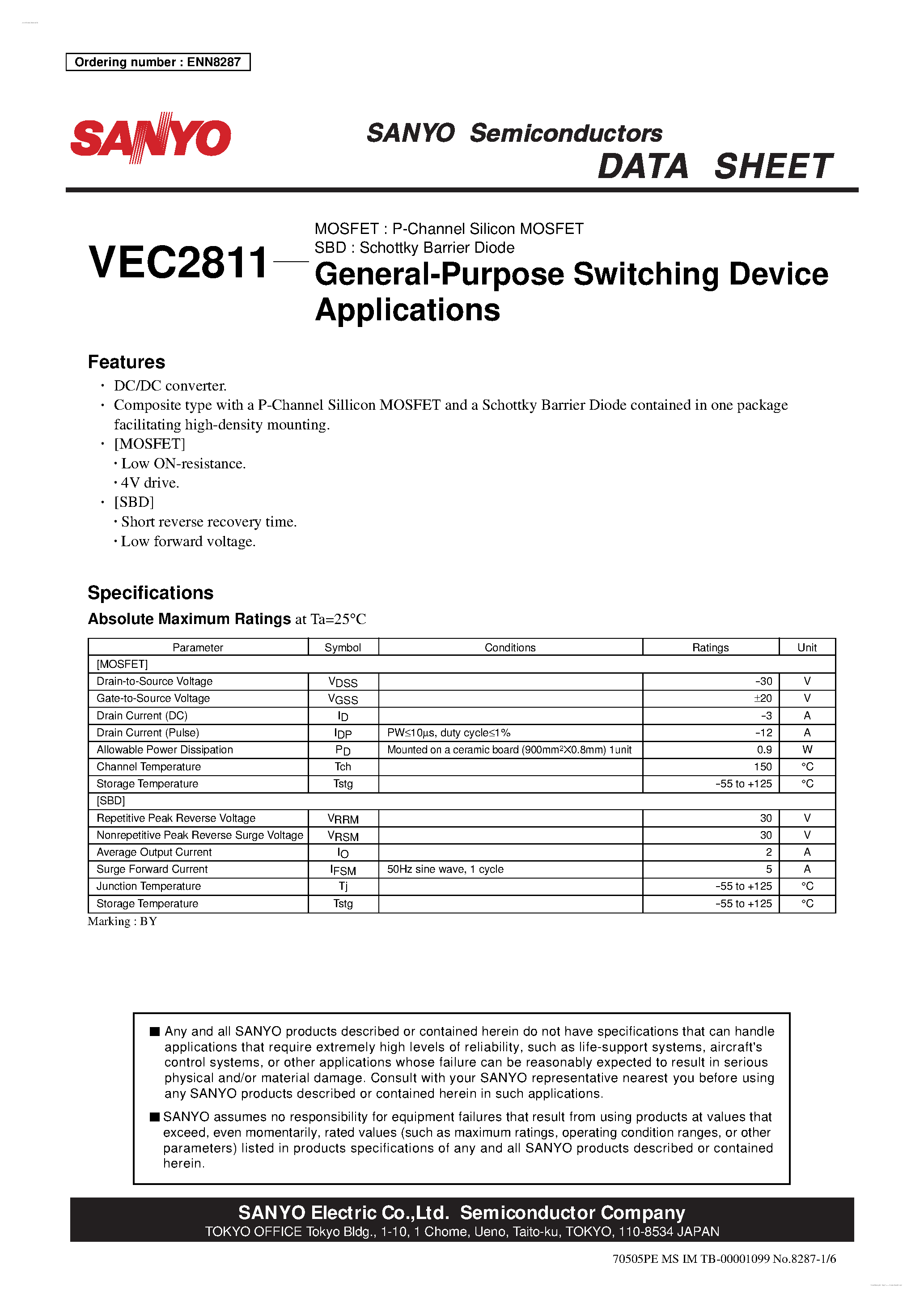 Datasheet VEC2811 - P-Channel Silicon MOSFET / Schottky Barrier Diode page 1