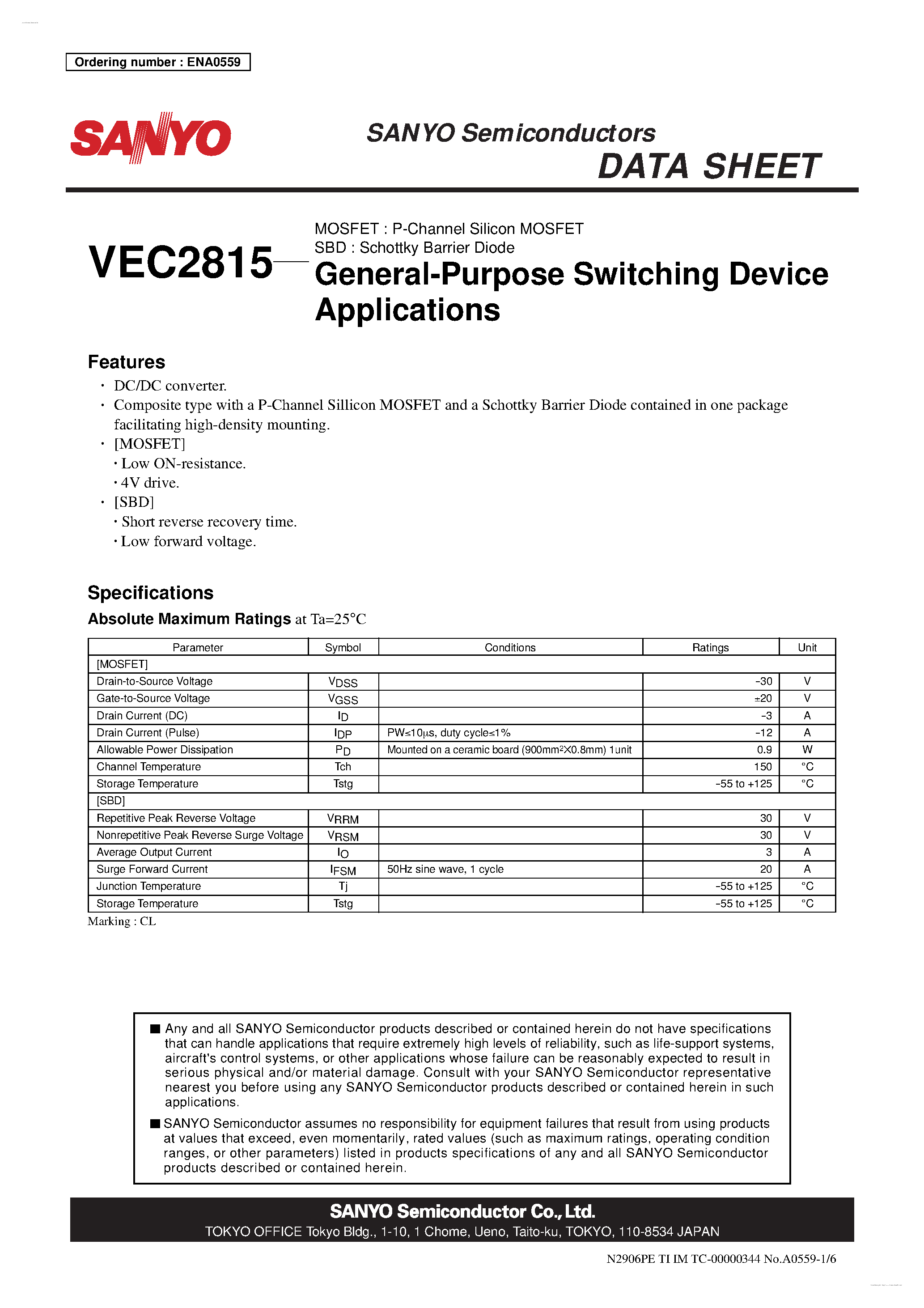 Datasheet VEC2815 - P-Channel Silicon MOSFET / Schottky Barrier Diode page 1