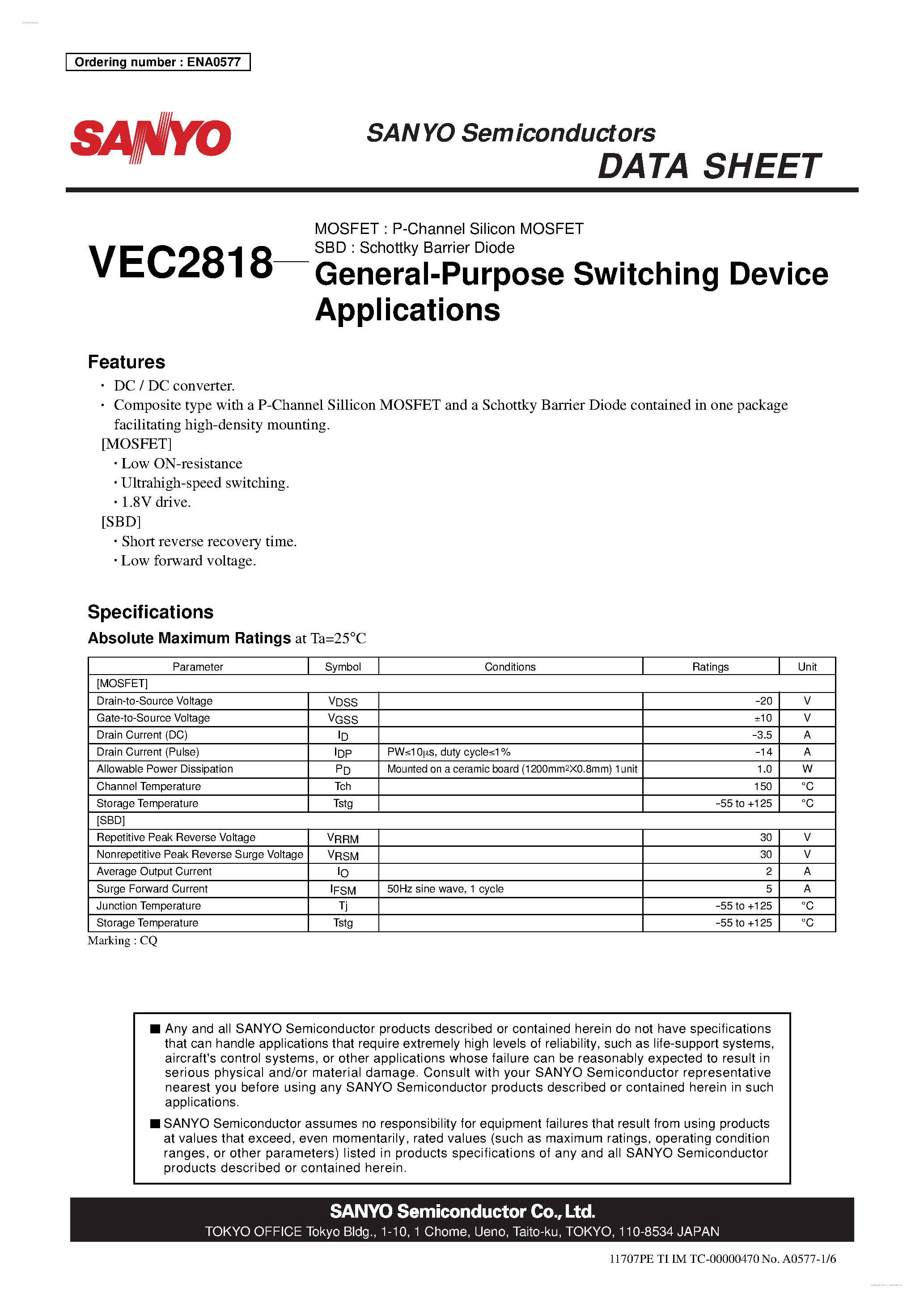 Datasheet VEC2818 - P-Channel Silicon MOSFET / Schottky Barrier Diode page 1