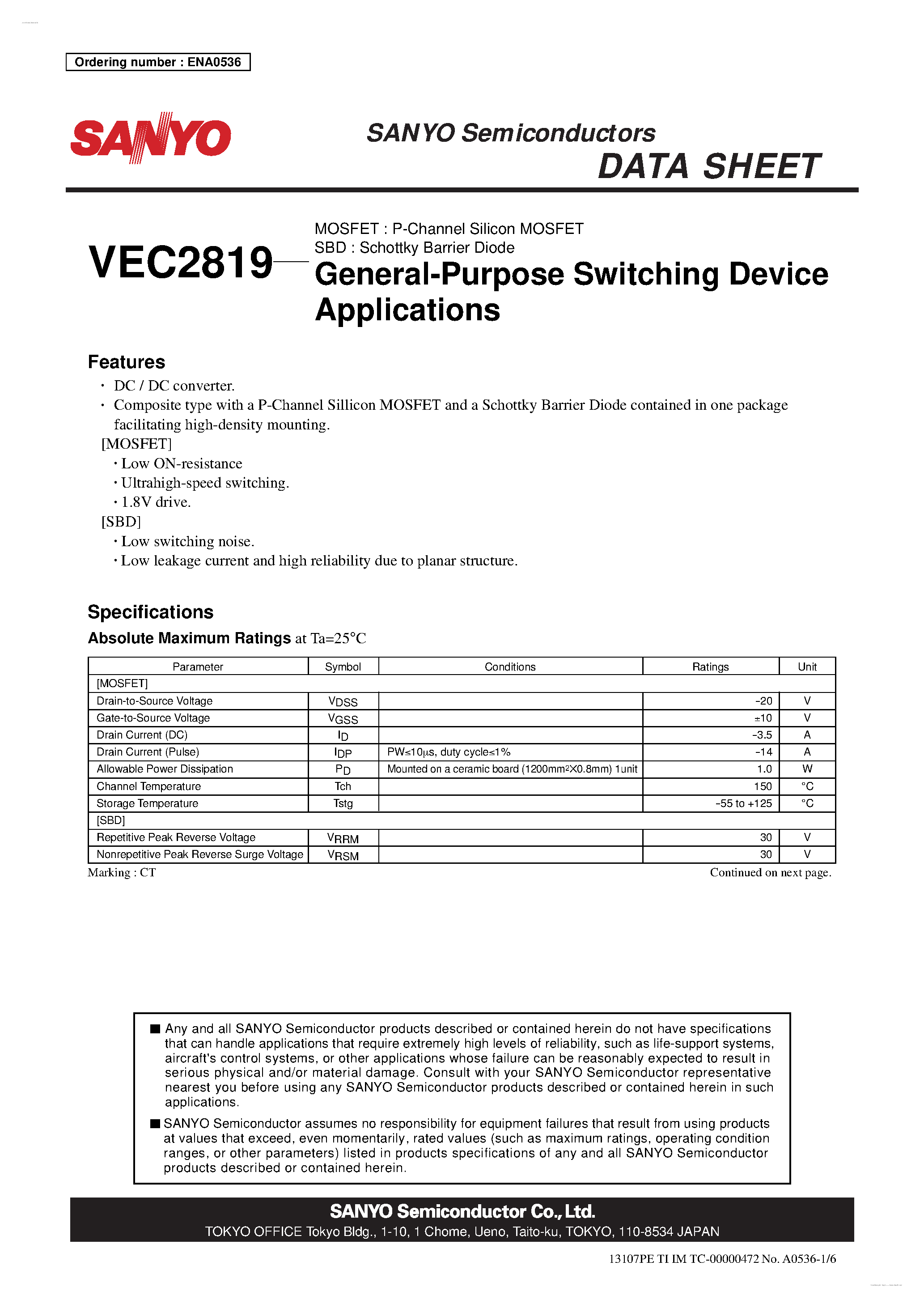 Datasheet VEC2819 - P-Channel Silicon MOSFET / Schottky Barrier Diode page 1