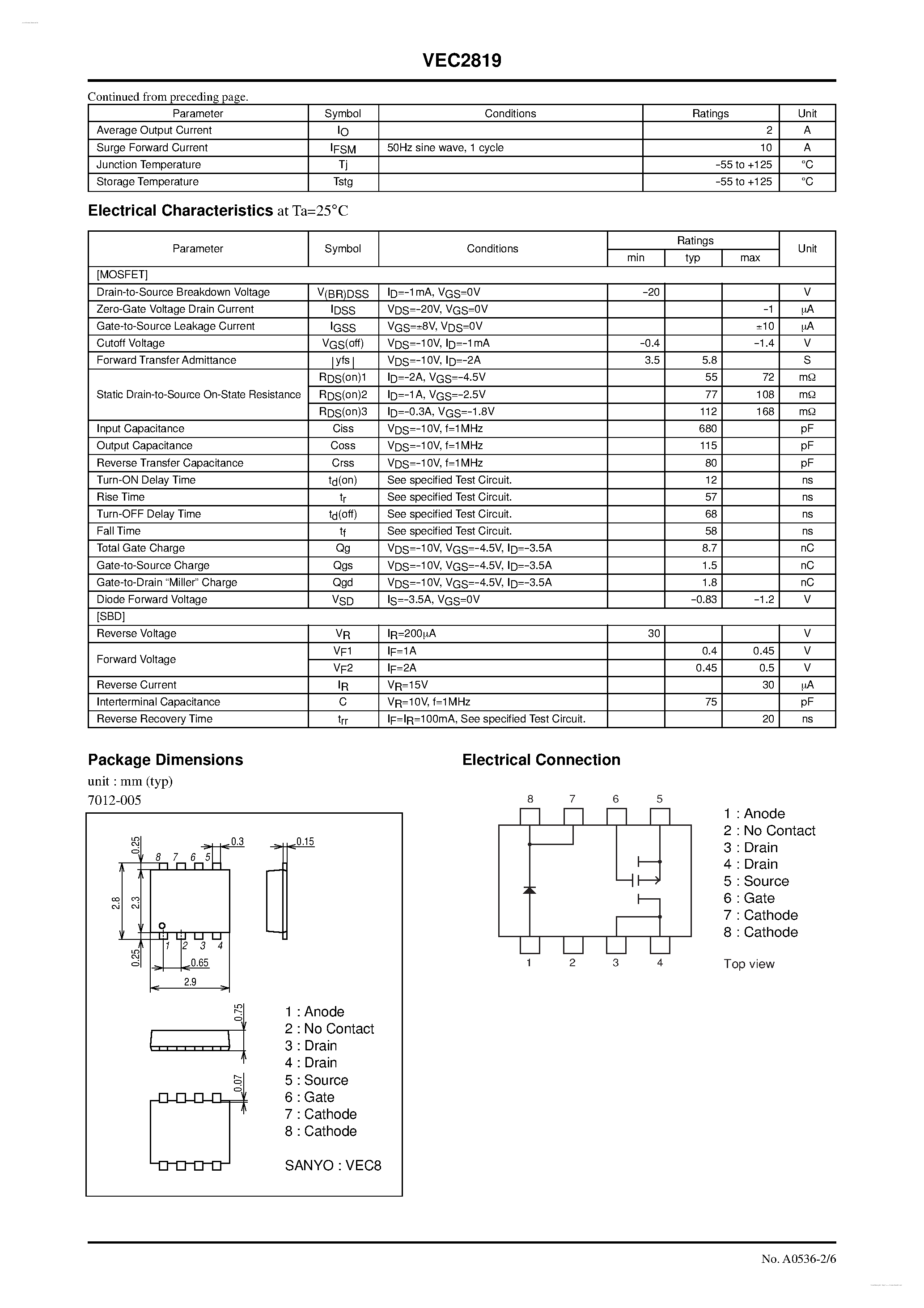 Datasheet VEC2819 - P-Channel Silicon MOSFET / Schottky Barrier Diode page 2