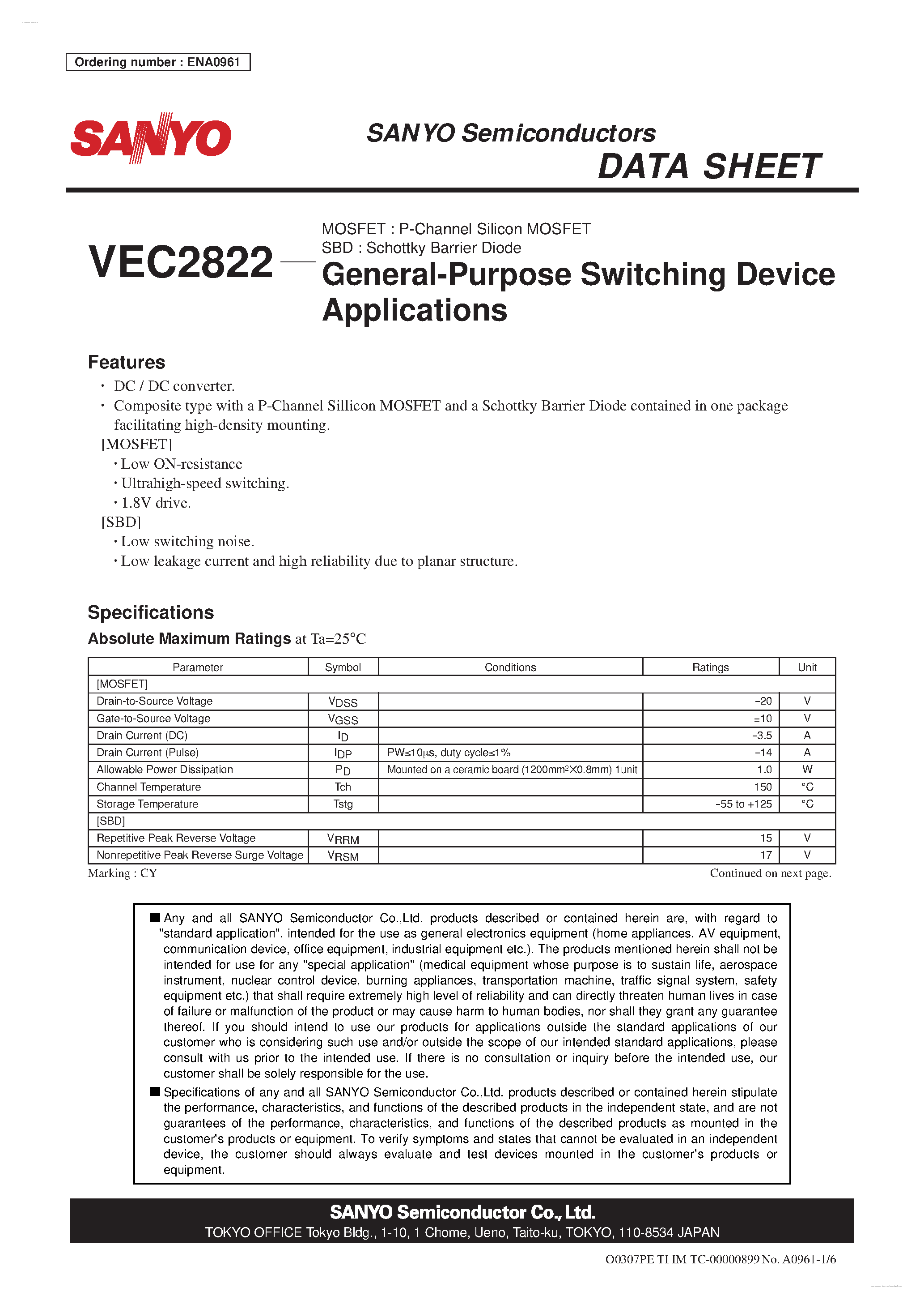Datasheet VEC2822 - P-Channel Silicon MOSFET / Schottky Barrier Diode page 1