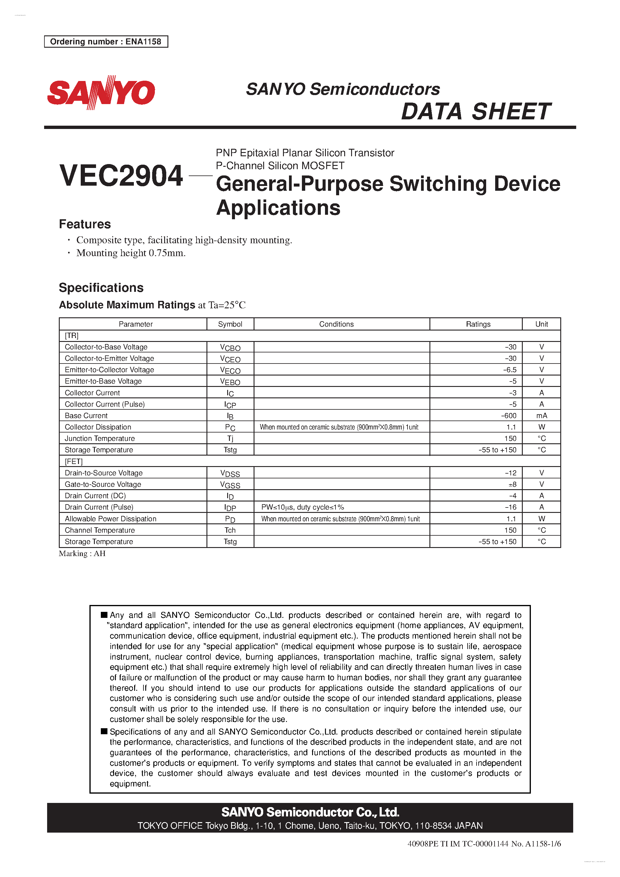 Datasheet VEC2904 - P-Channel Silicon MOSFET page 1