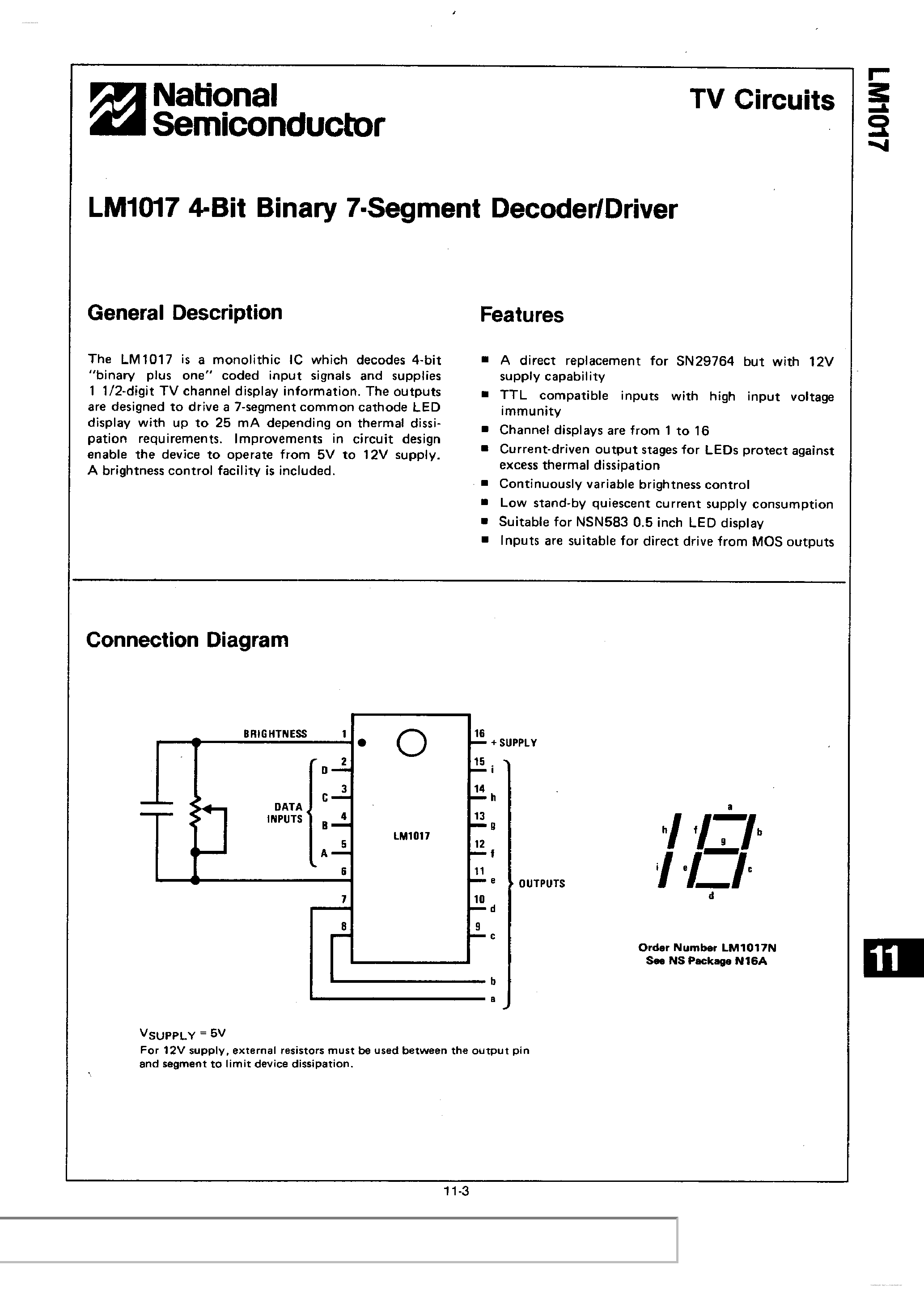 Datasheet LM1017 - 4-Bit Binary 7 Segment Decoder / Driver page 1