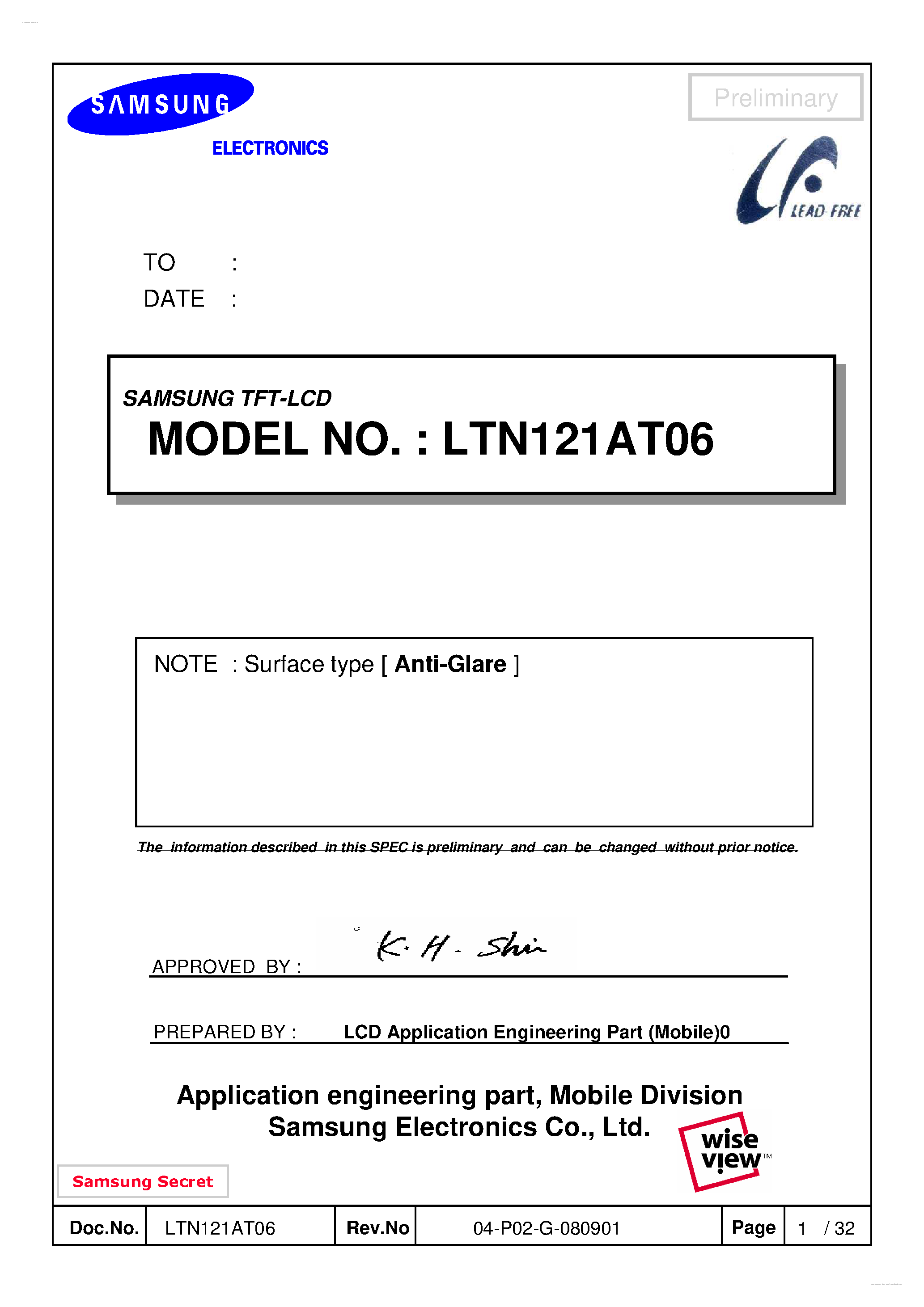 Datasheet LTN121AT06 - Display Module page 1