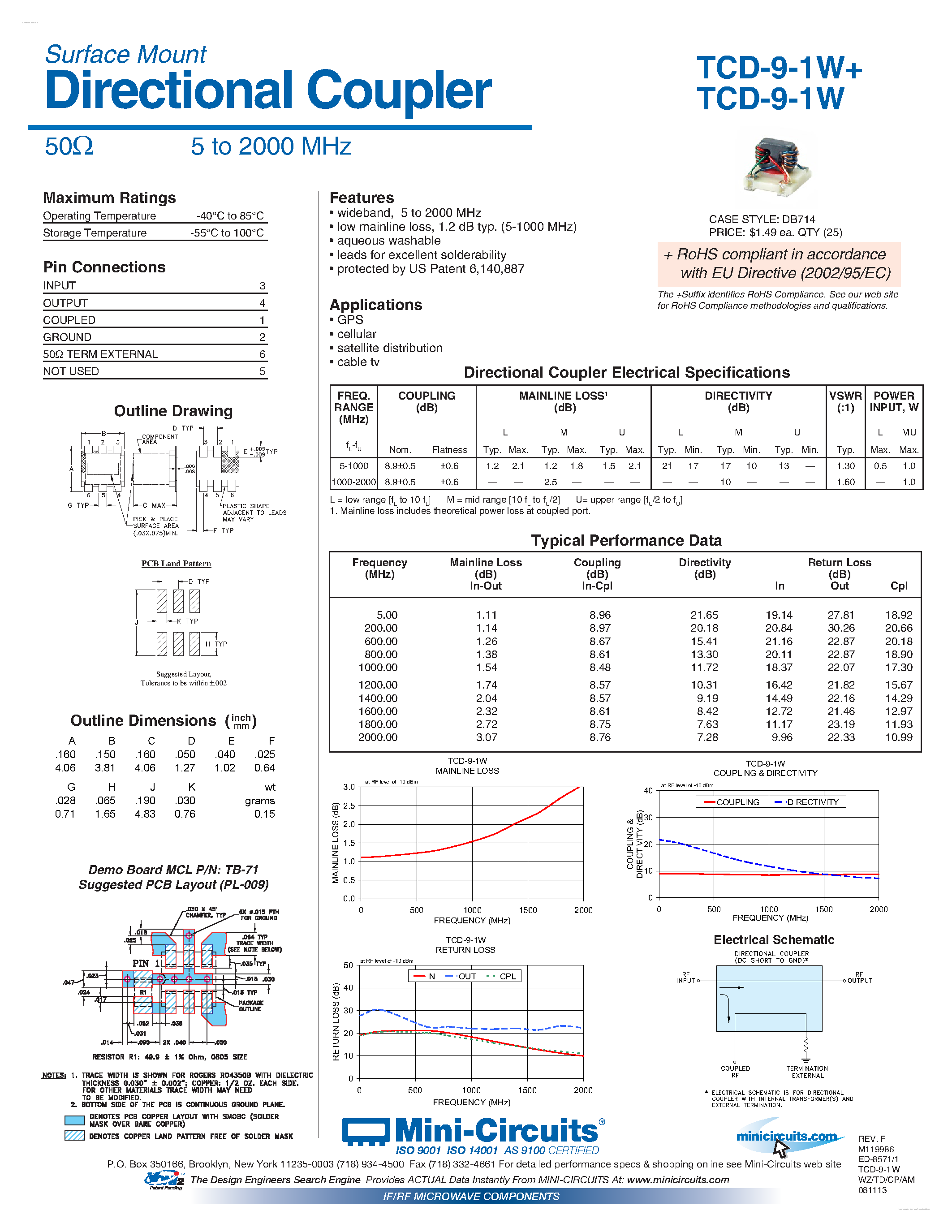 Datasheet TCD-9-1W - Directional Coupler page 1