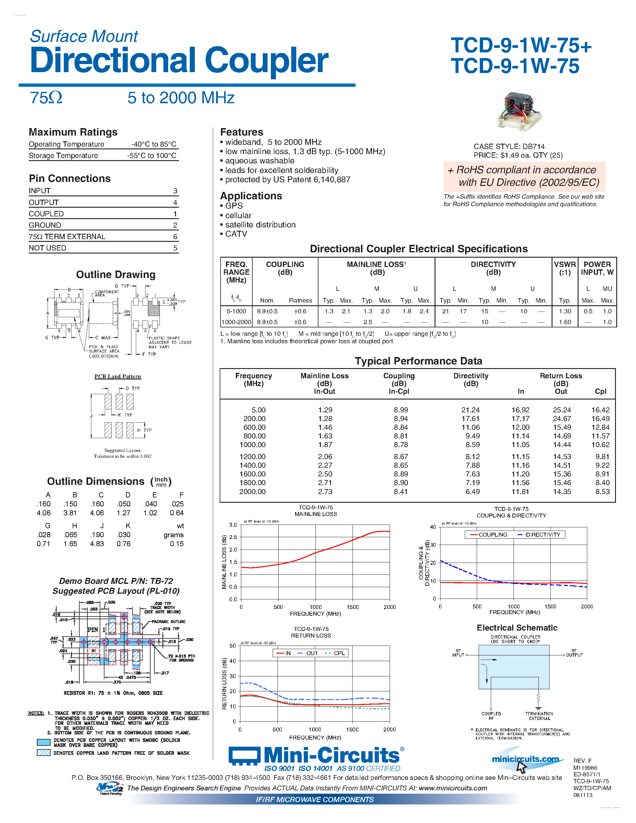 Datasheet TCD-9-1W-75 - Directional Coupler page 1