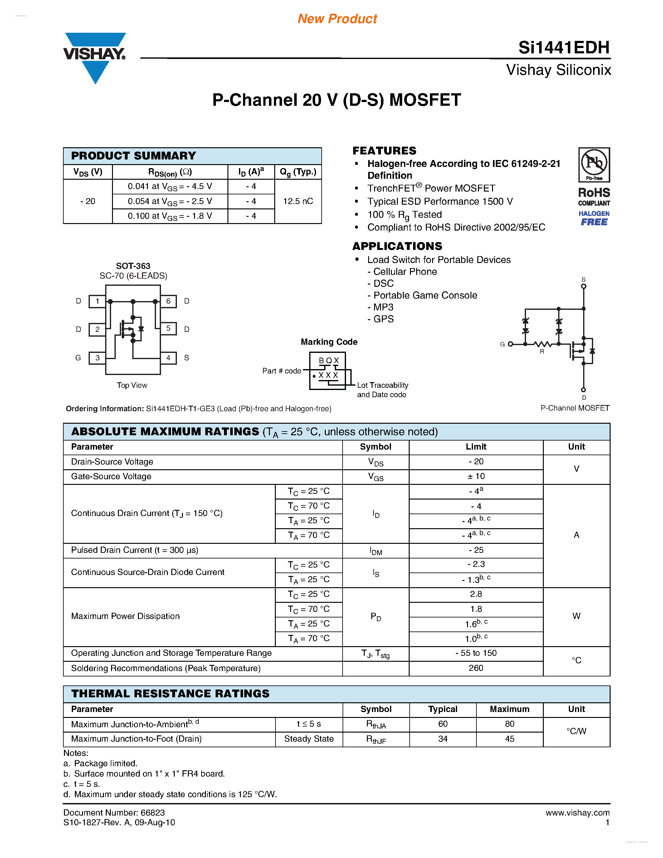 Datasheet SI1441EDH - P-Channel 20 V (D-S) MOSFET page 1