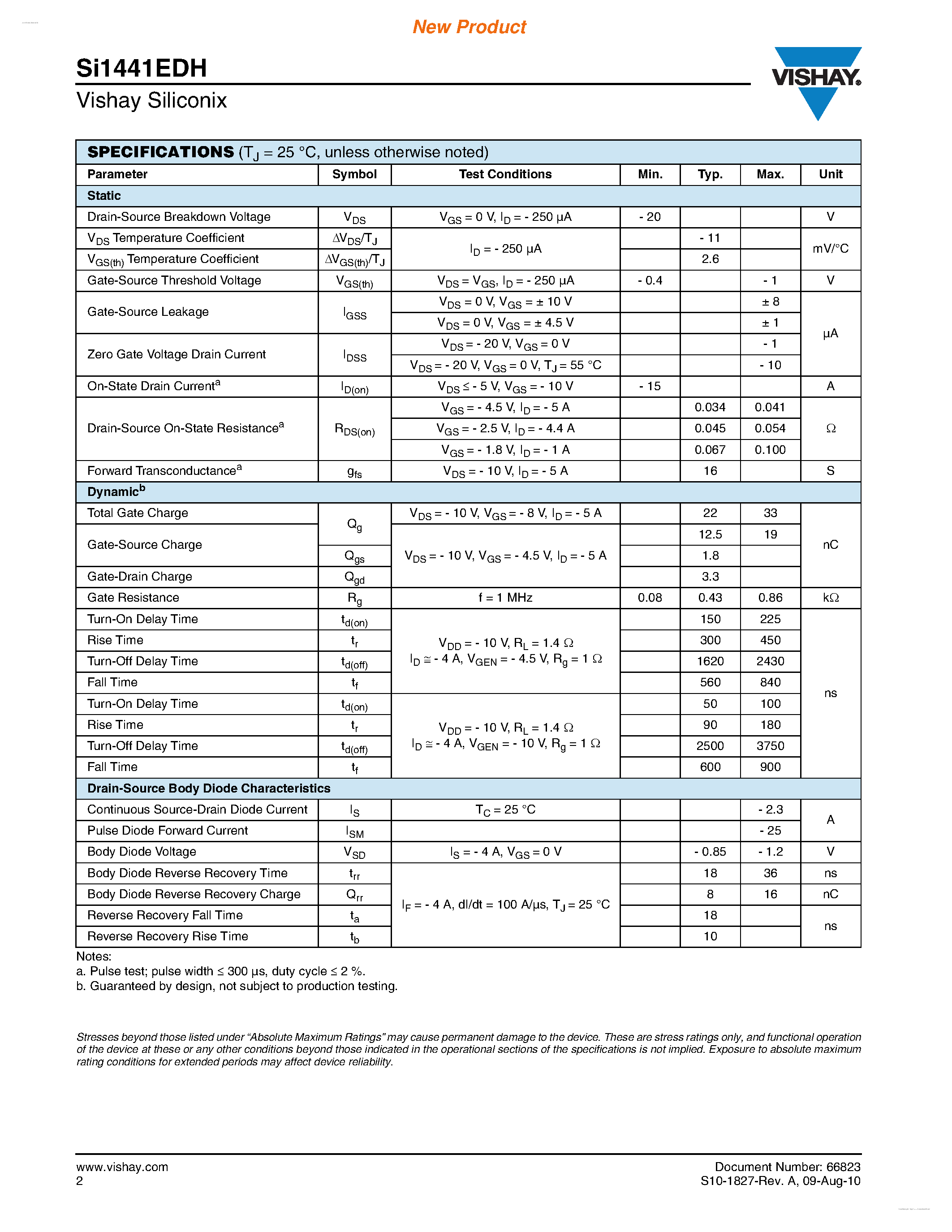 Datasheet SI1441EDH - P-Channel 20 V (D-S) MOSFET page 2