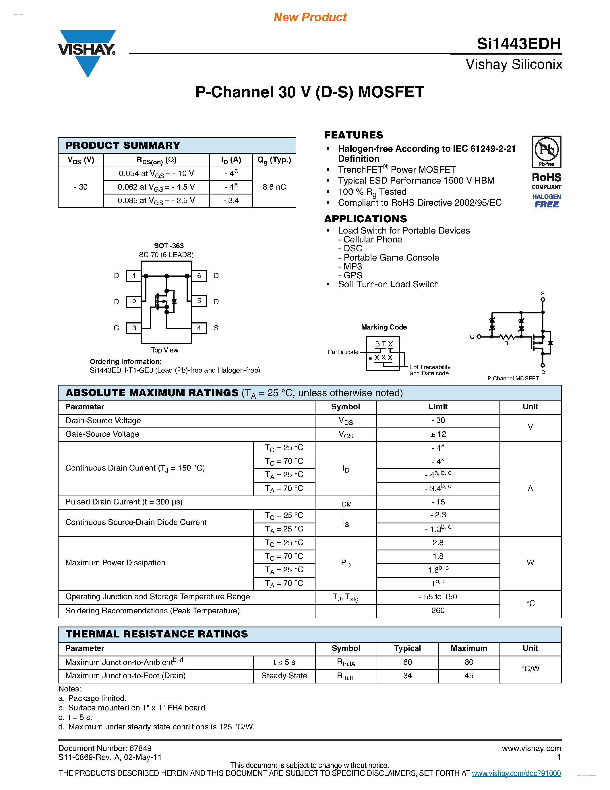 Datasheet SI1443EDH - P-Channel 30 V (D-S) MOSFET page 1