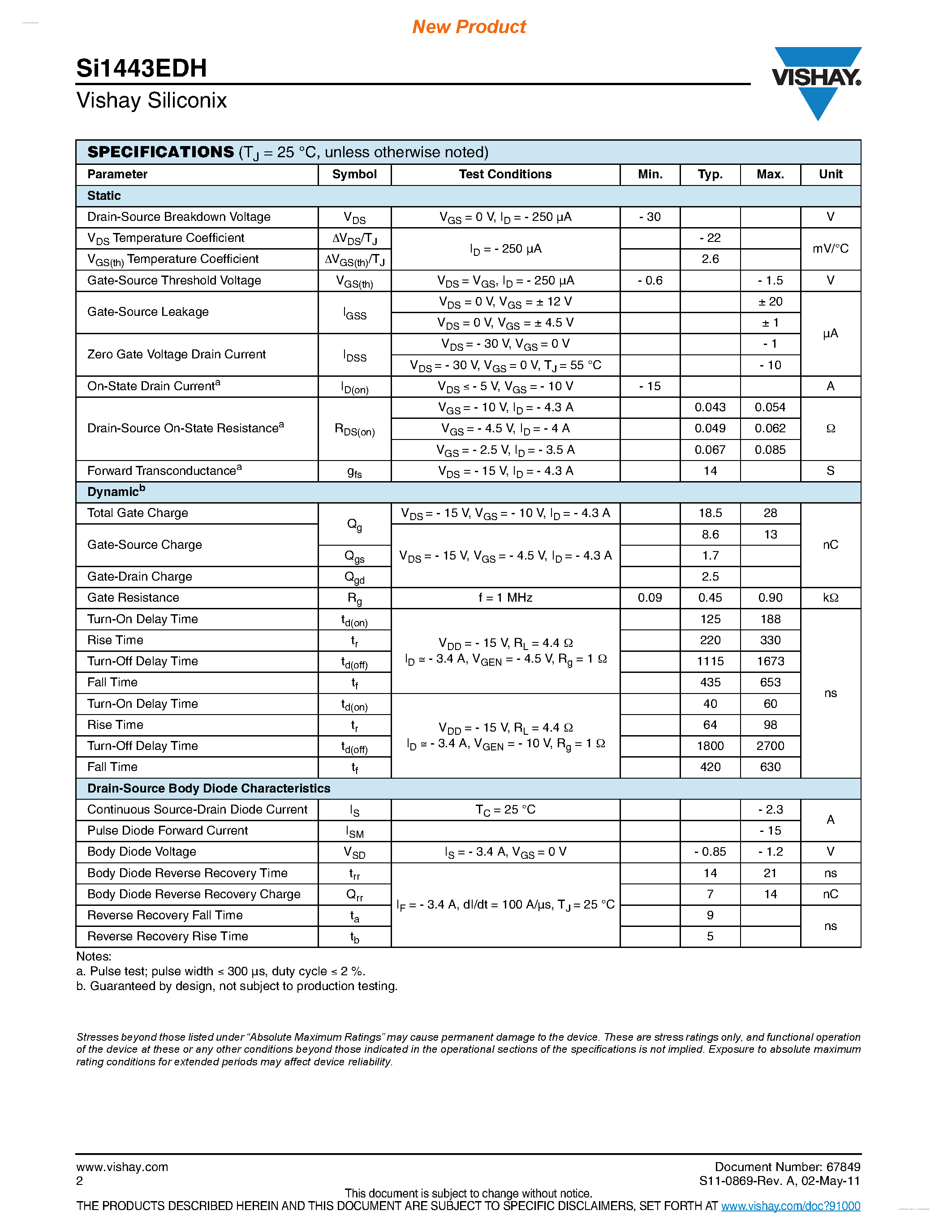 Datasheet SI1443EDH - P-Channel 30 V (D-S) MOSFET page 2