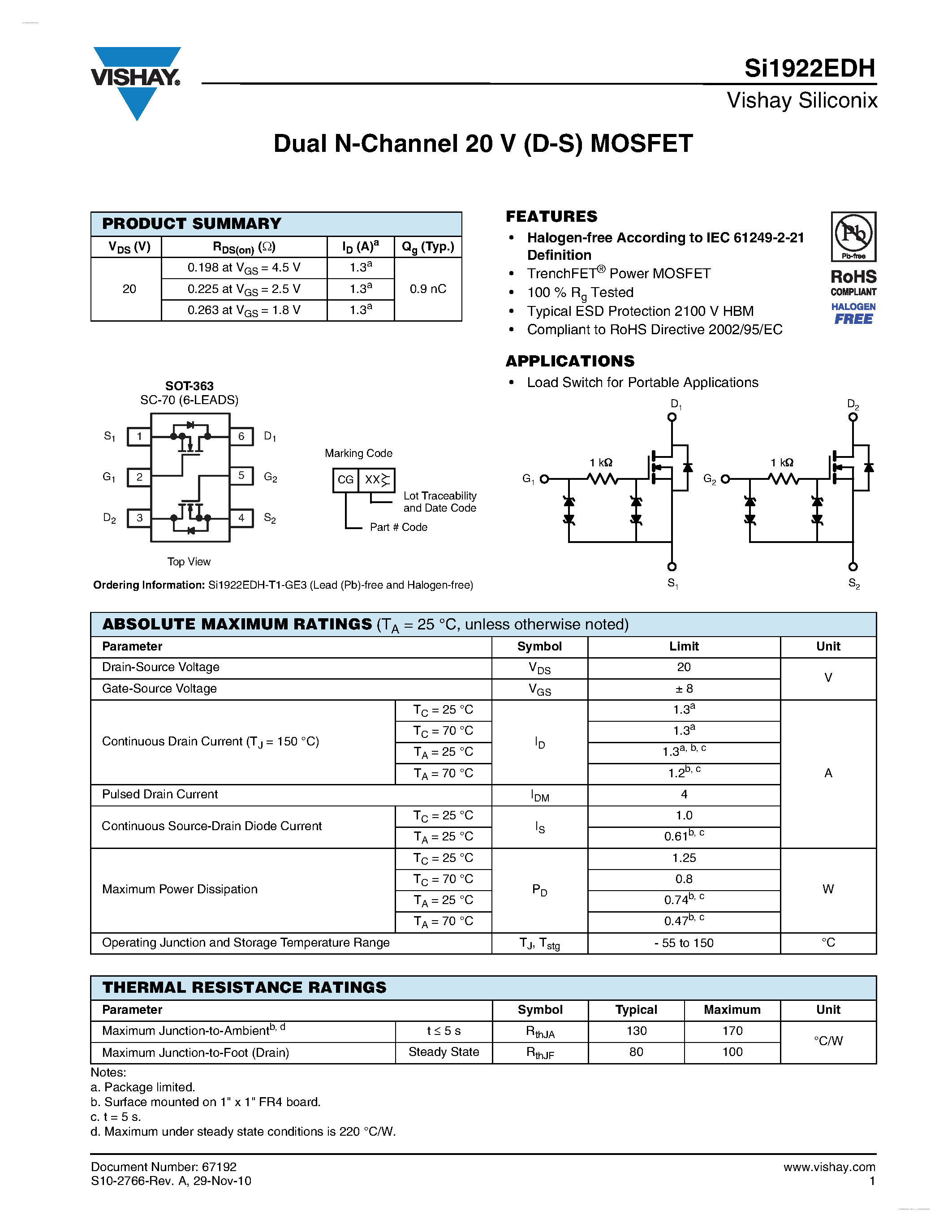 Datasheet SI1922EDH - Dual N-Channel 20 V (D-S) MOSFET page 1