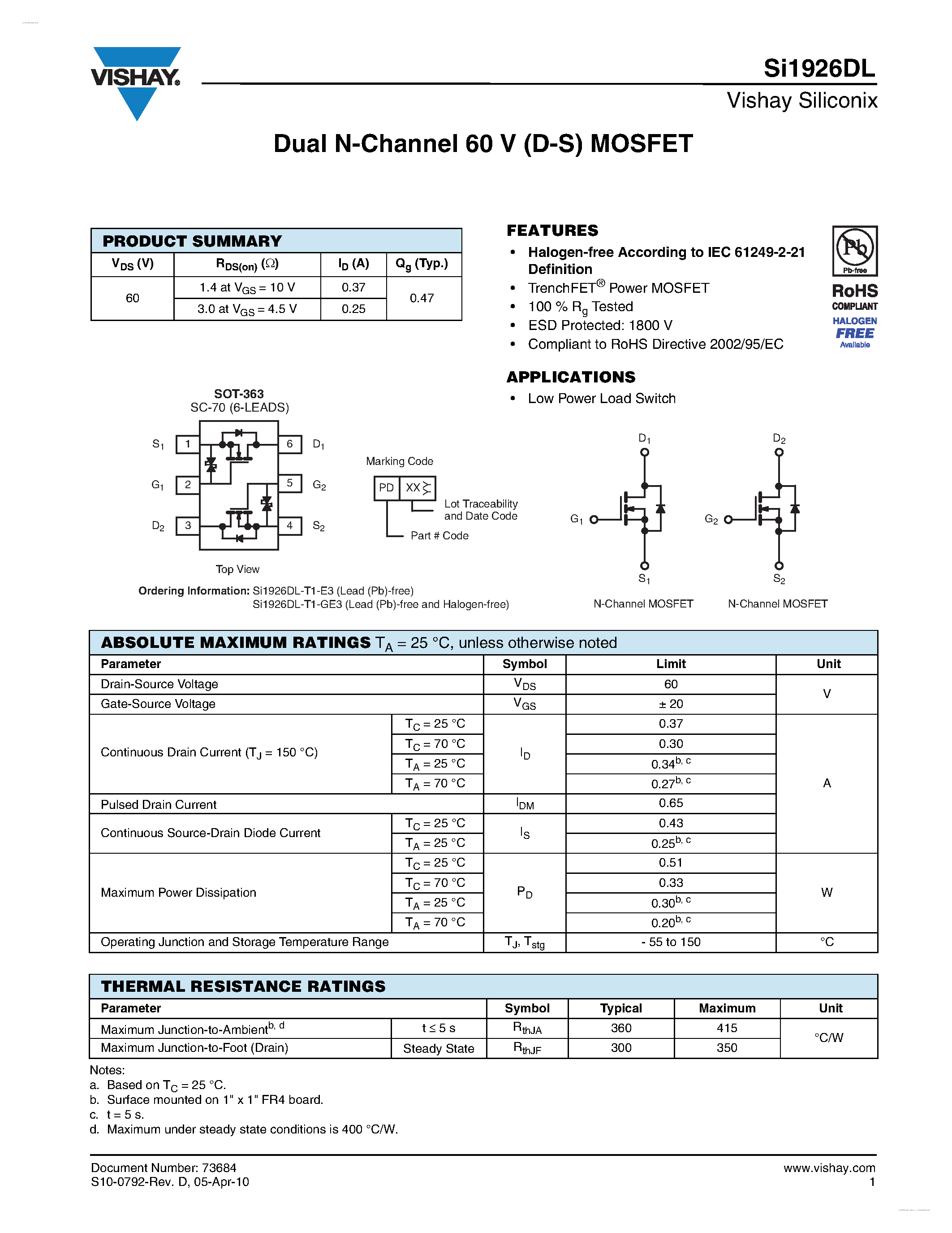 Datasheet SI1926DL - Dual N-Channel 60 V (D-S) MOSFET page 1
