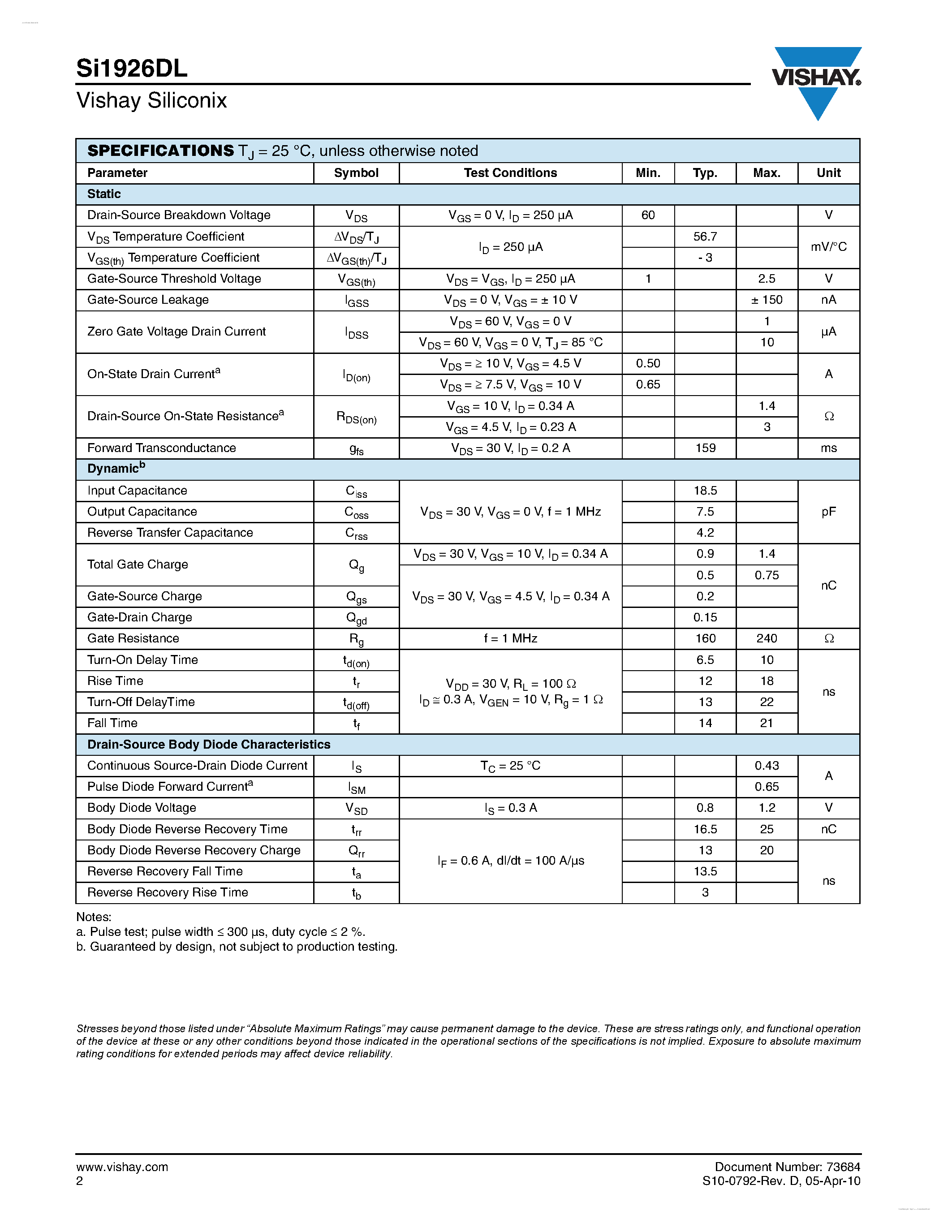 Datasheet SI1926DL - Dual N-Channel 60 V (D-S) MOSFET page 2