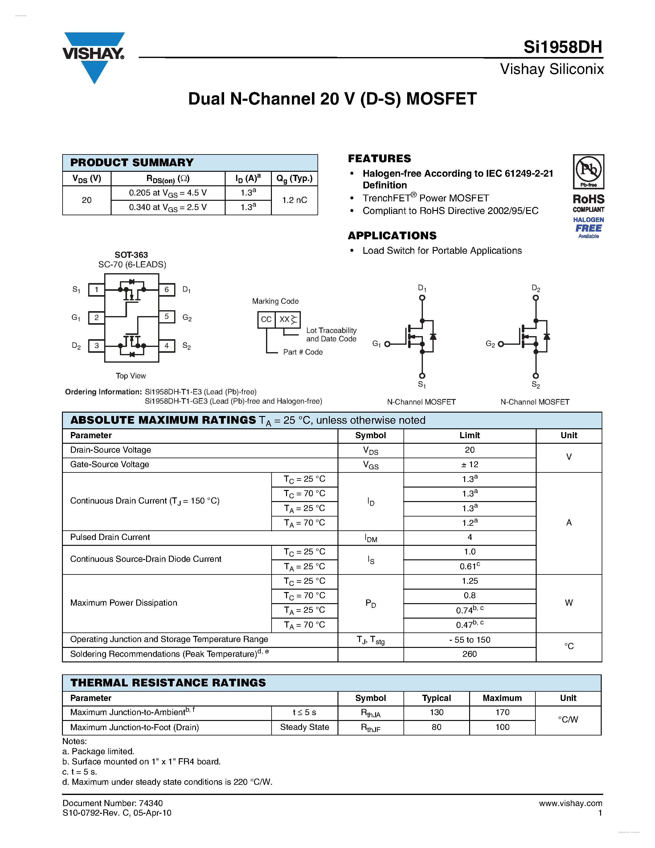 Datasheet SI1958DH - Dual N-Channel 20 V (D-S) MOSFET page 1